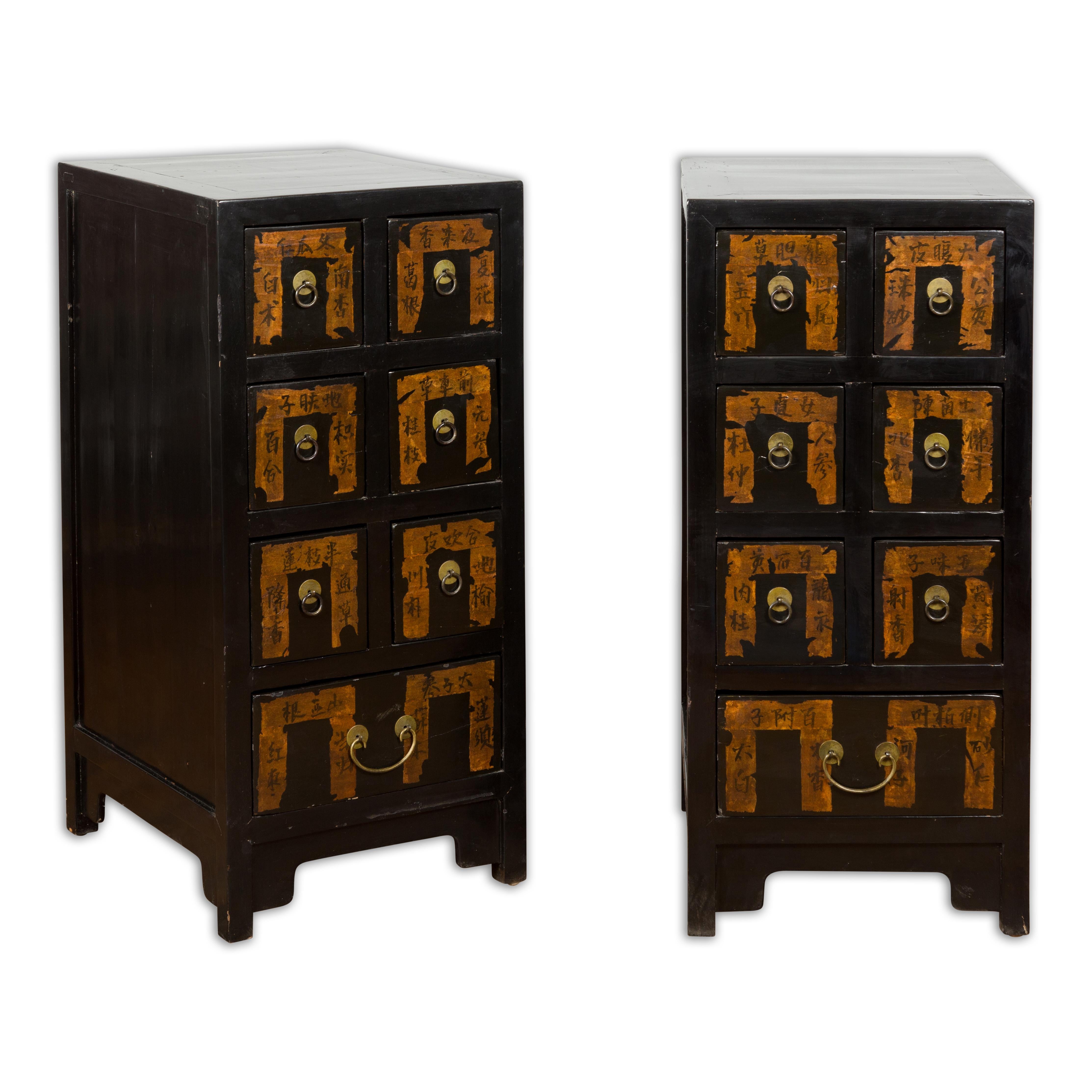 Pair of Chinese Qing Dynasty Black Lacquer Apothecary Cabinets with Calligraphy For Sale 13
