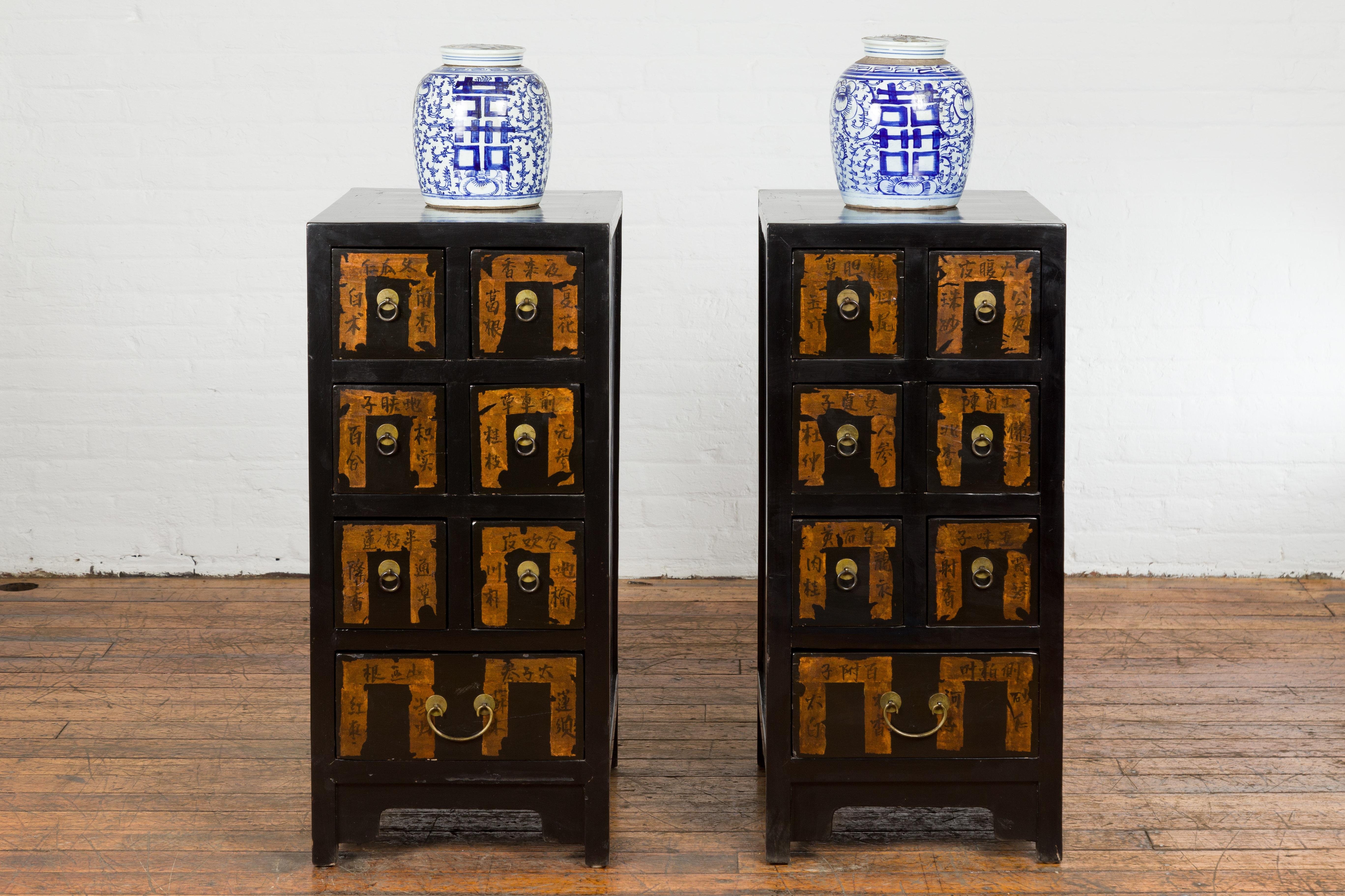 Hand-Painted Pair of Chinese Qing Dynasty Black Lacquer Apothecary Cabinets with Calligraphy For Sale