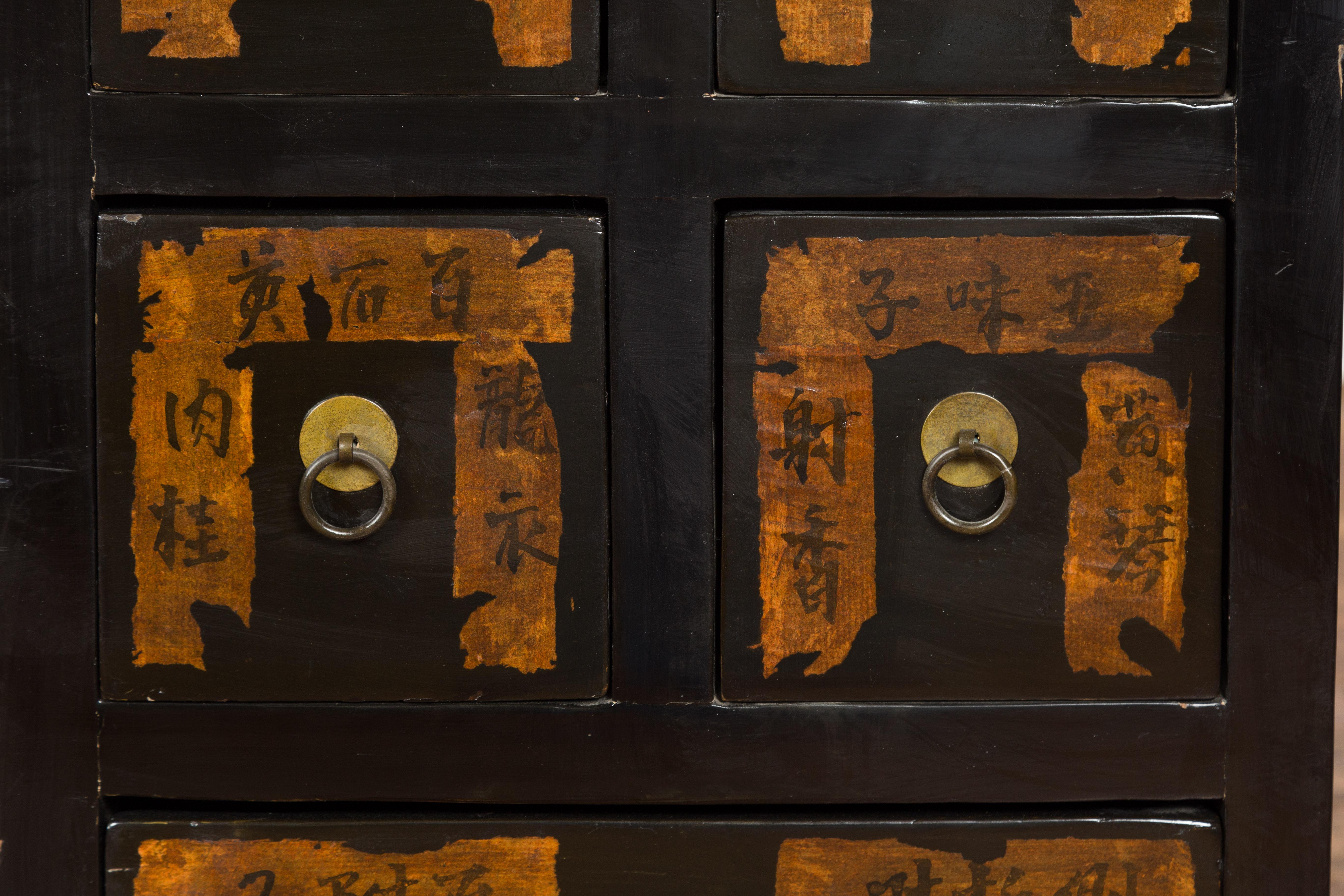 Wood Pair of Chinese Qing Dynasty Black Lacquer Apothecary Cabinets with Calligraphy For Sale