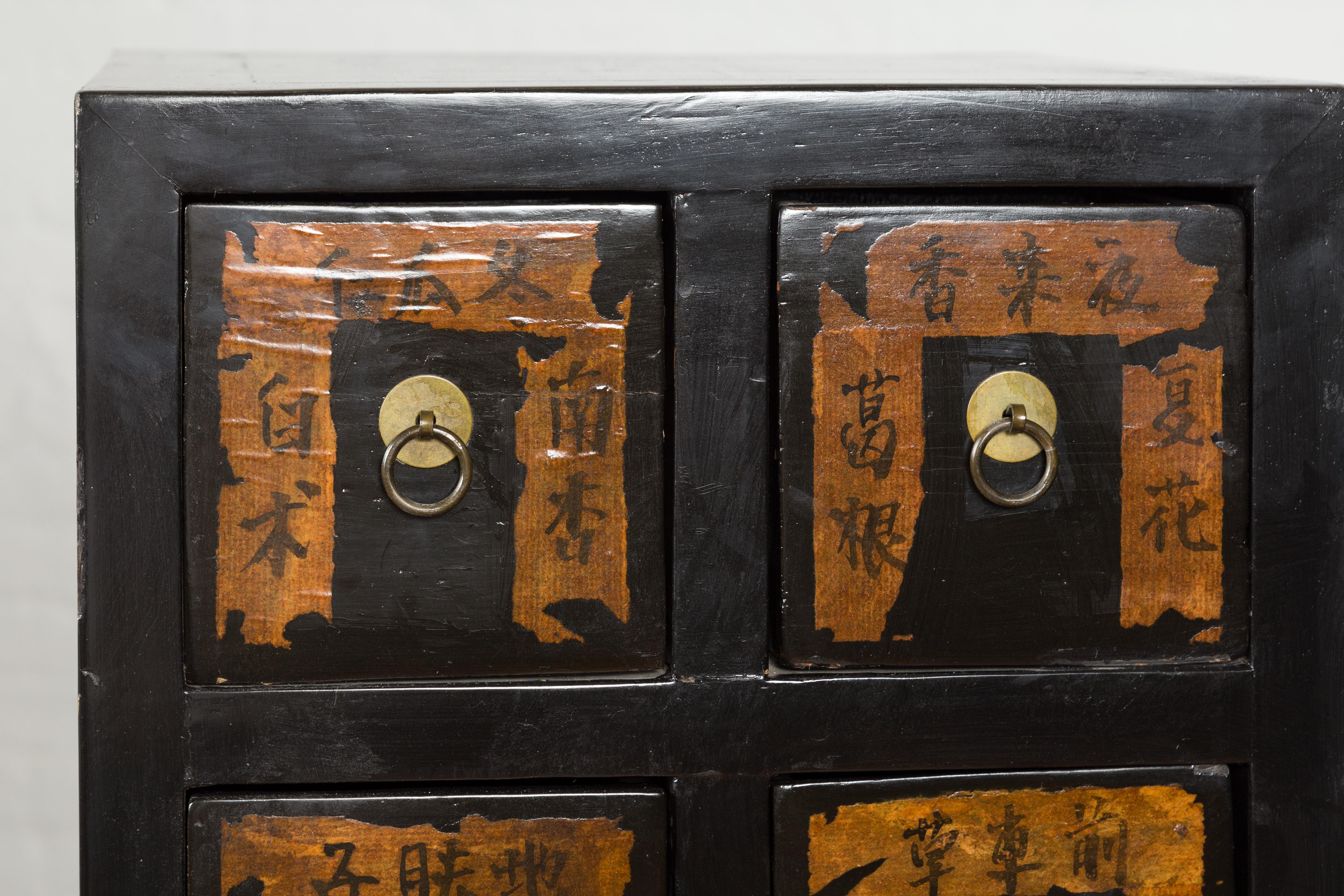 Paar chinesische Apothekerschränke aus der Qing-Dynastie mit schwarzem Lack und Kalligrafie im Angebot 1