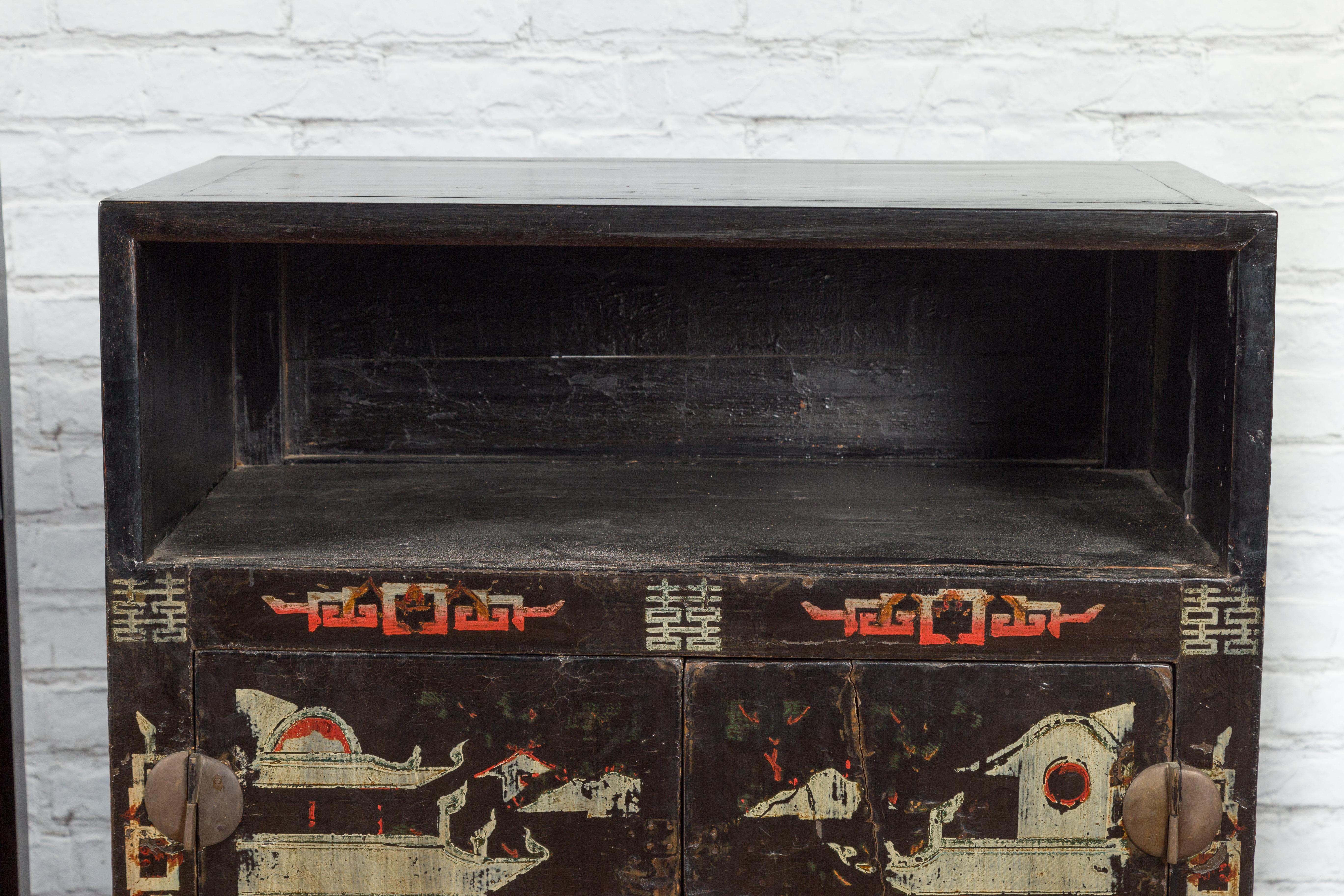 Pair of Chinese Qing Dynasty Black Lacquer Cabinets with Hand Painted Motifs For Sale 4