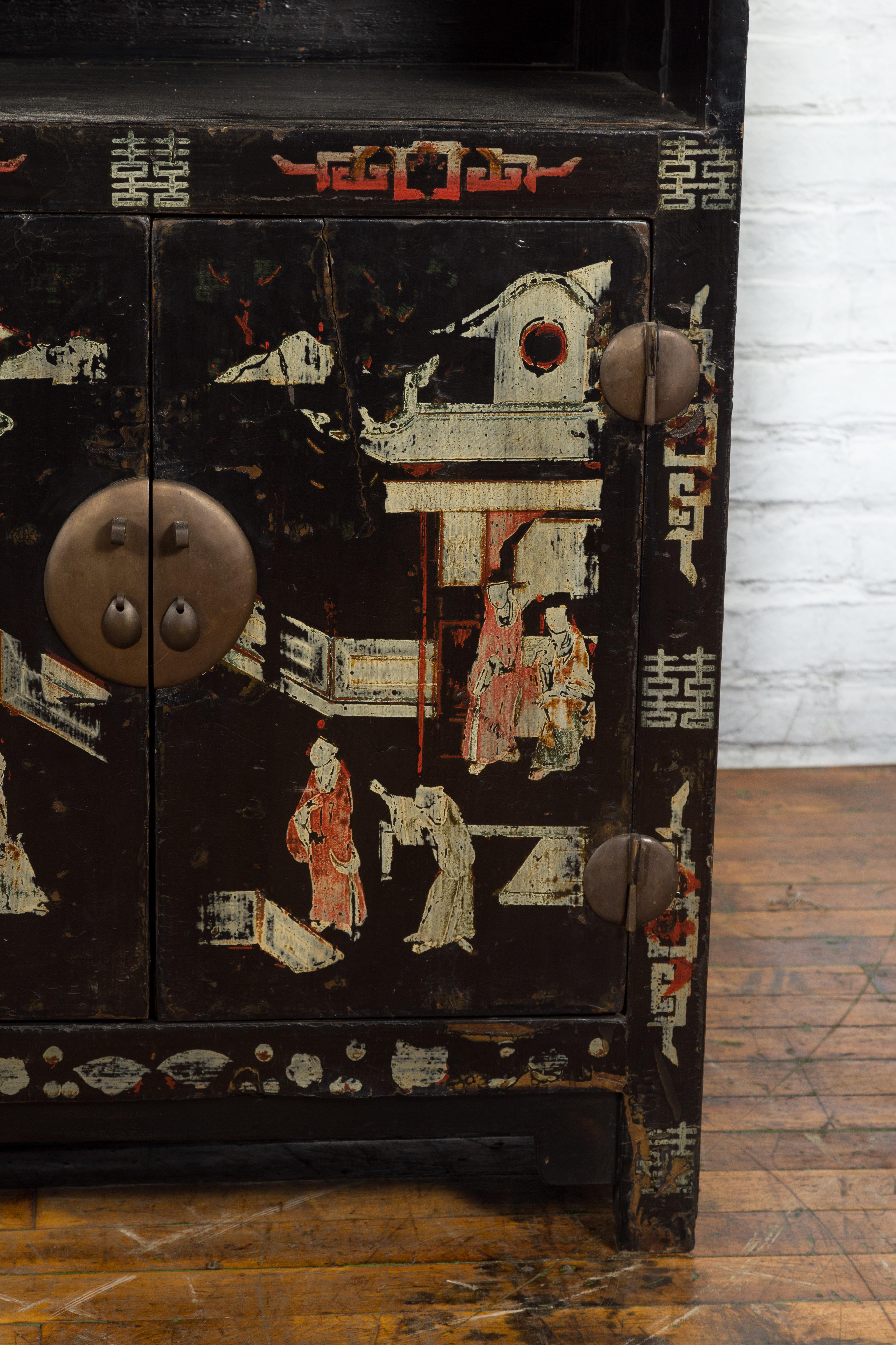 Pair of Chinese Qing Dynasty Black Lacquer Cabinets with Hand Painted Motifs For Sale 6