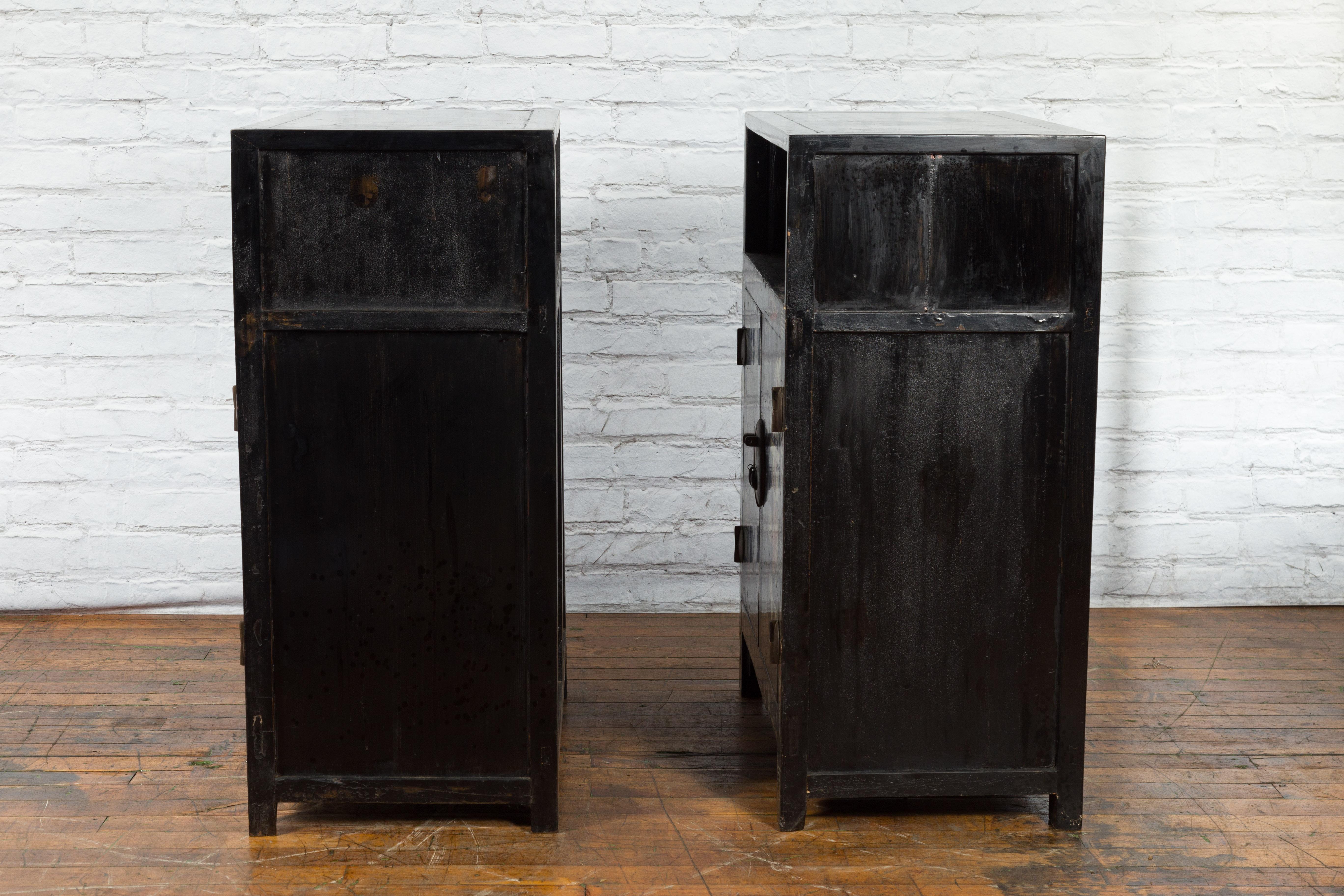 Pair of Chinese Qing Dynasty Black Lacquer Cabinets with Hand Painted Motifs For Sale 12