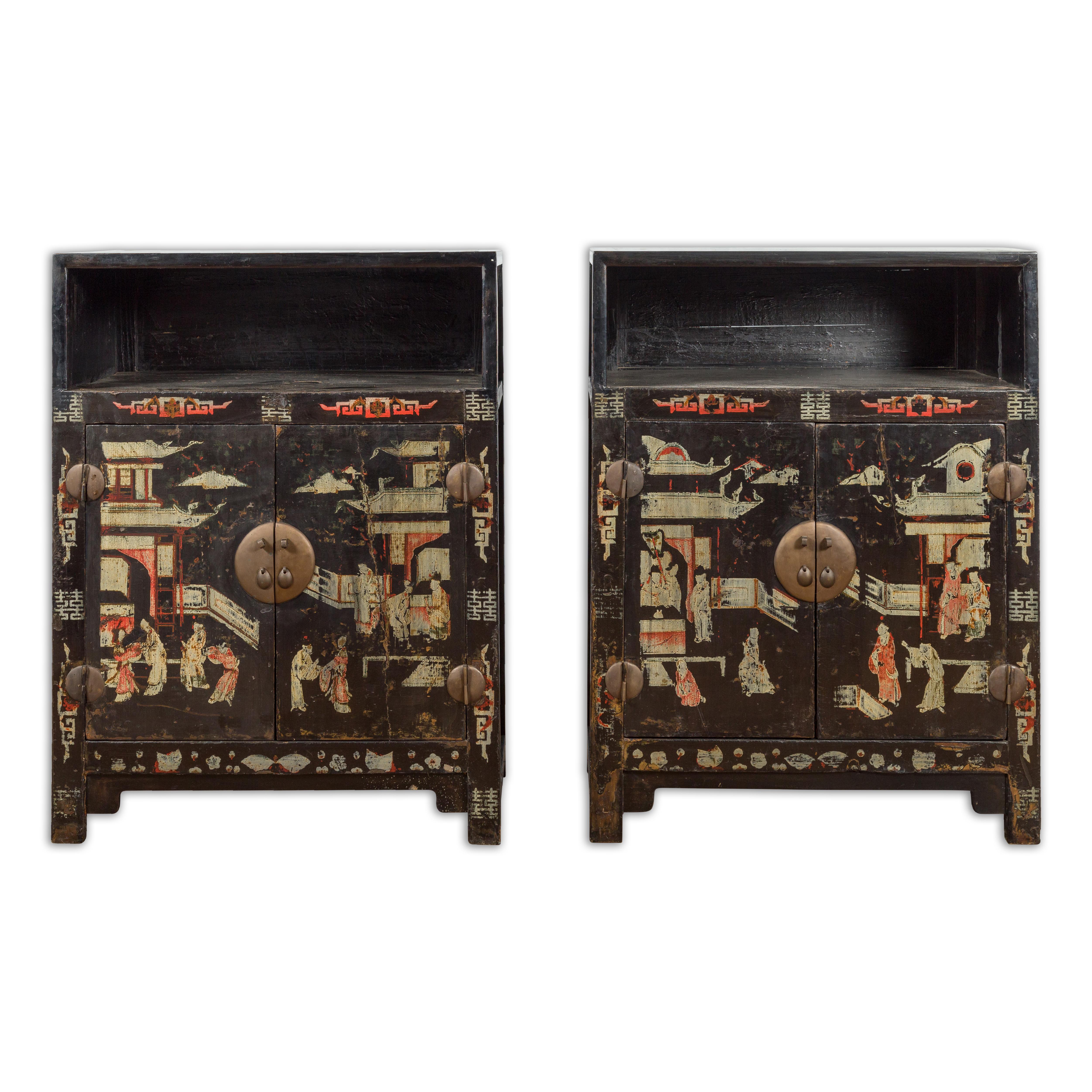 Pair of Chinese Qing Dynasty Black Lacquer Cabinets with Hand Painted Motifs For Sale 13