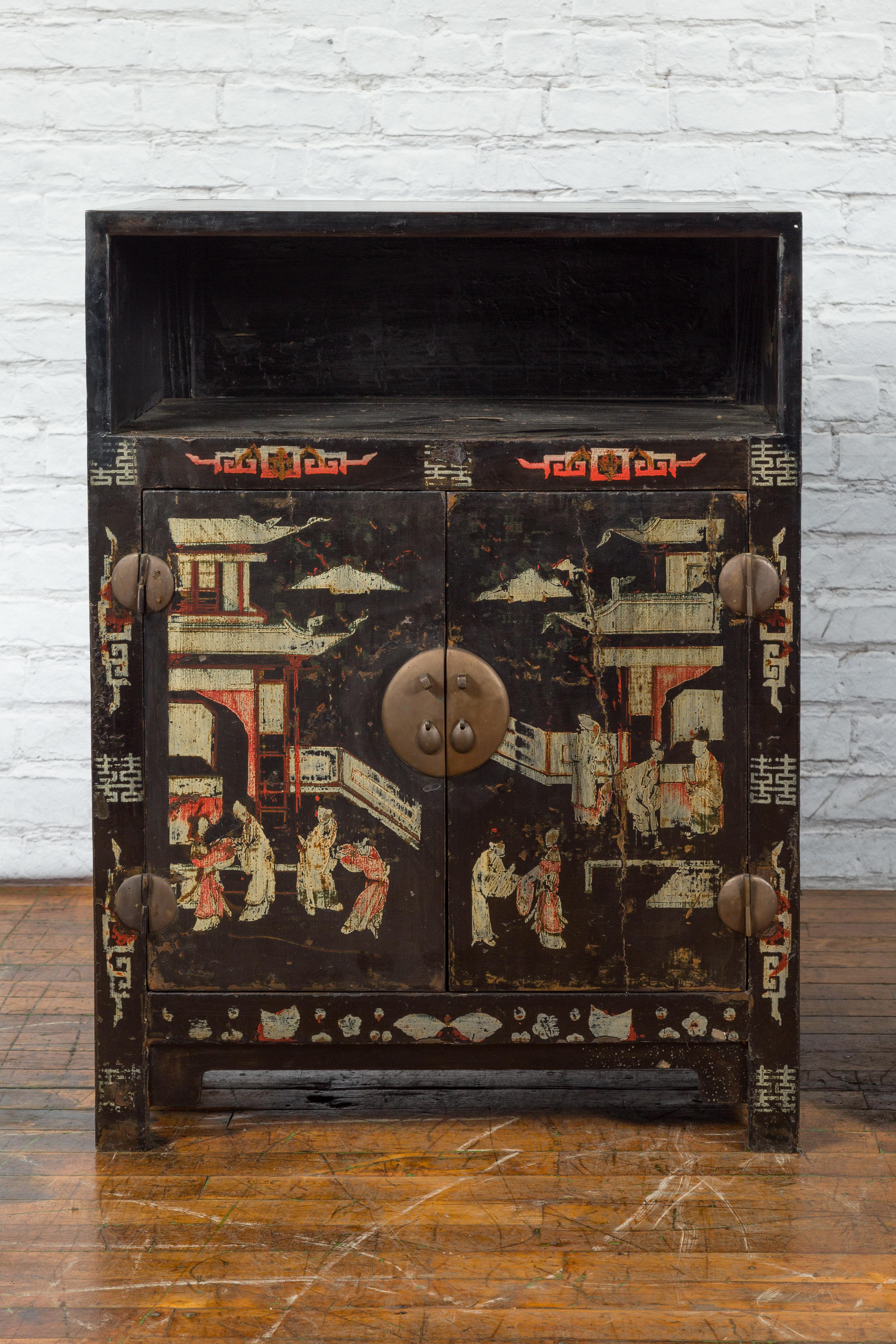 Lacquered Pair of Chinese Qing Dynasty Black Lacquer Cabinets with Hand Painted Motifs For Sale