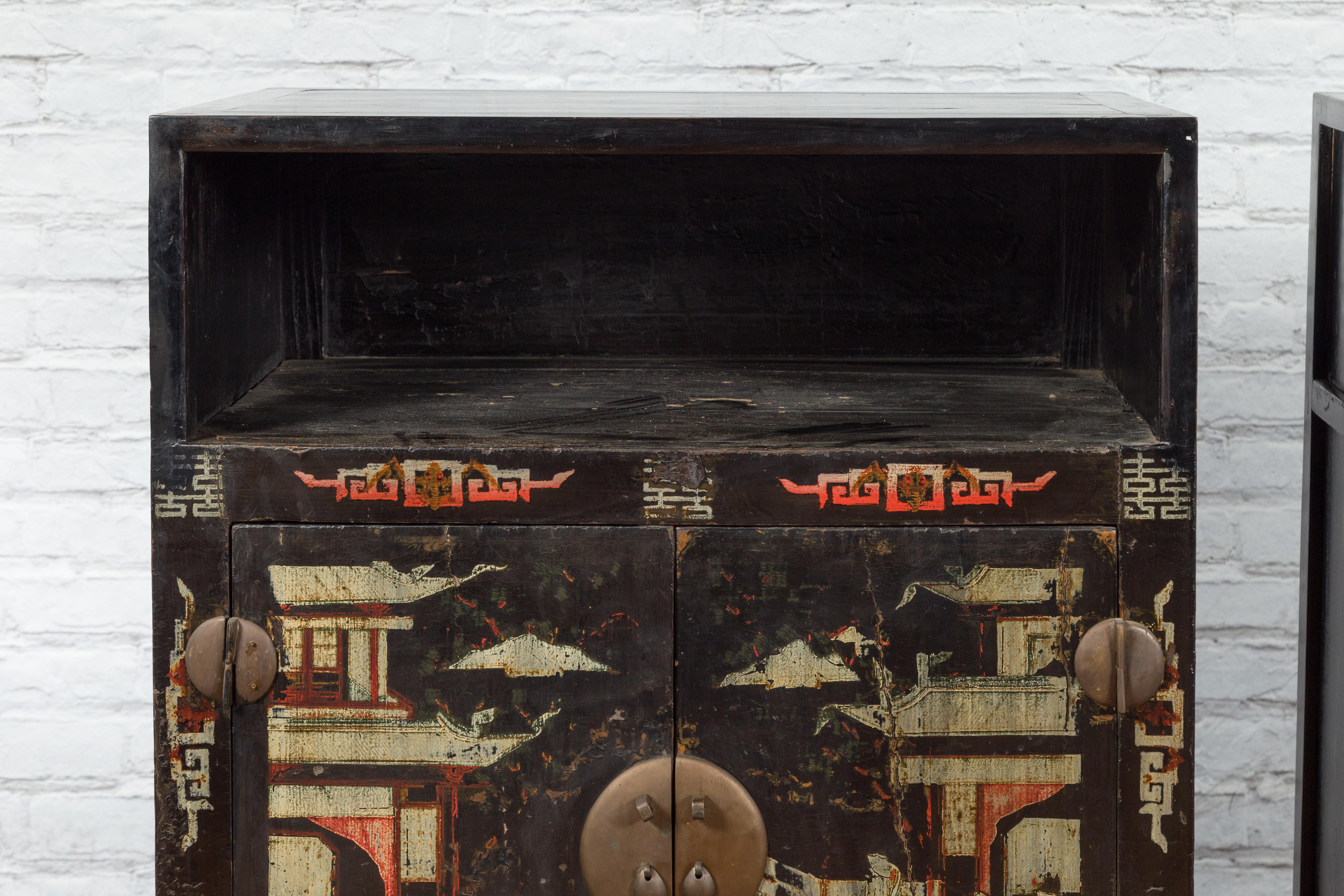 19th Century Pair of Chinese Qing Dynasty Black Lacquer Cabinets with Hand Painted Motifs For Sale
