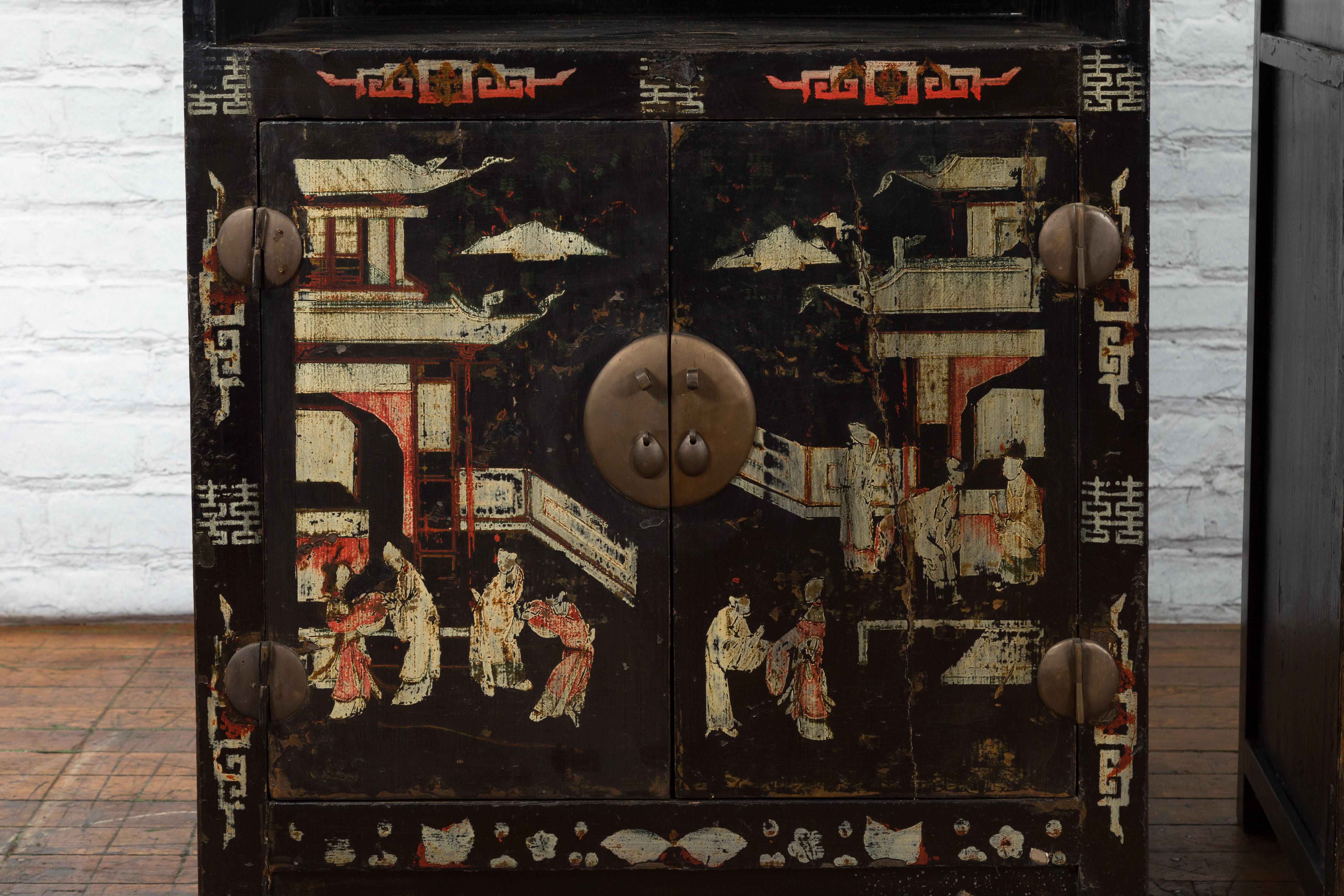 Wood Pair of Chinese Qing Dynasty Black Lacquer Cabinets with Hand Painted Motifs For Sale