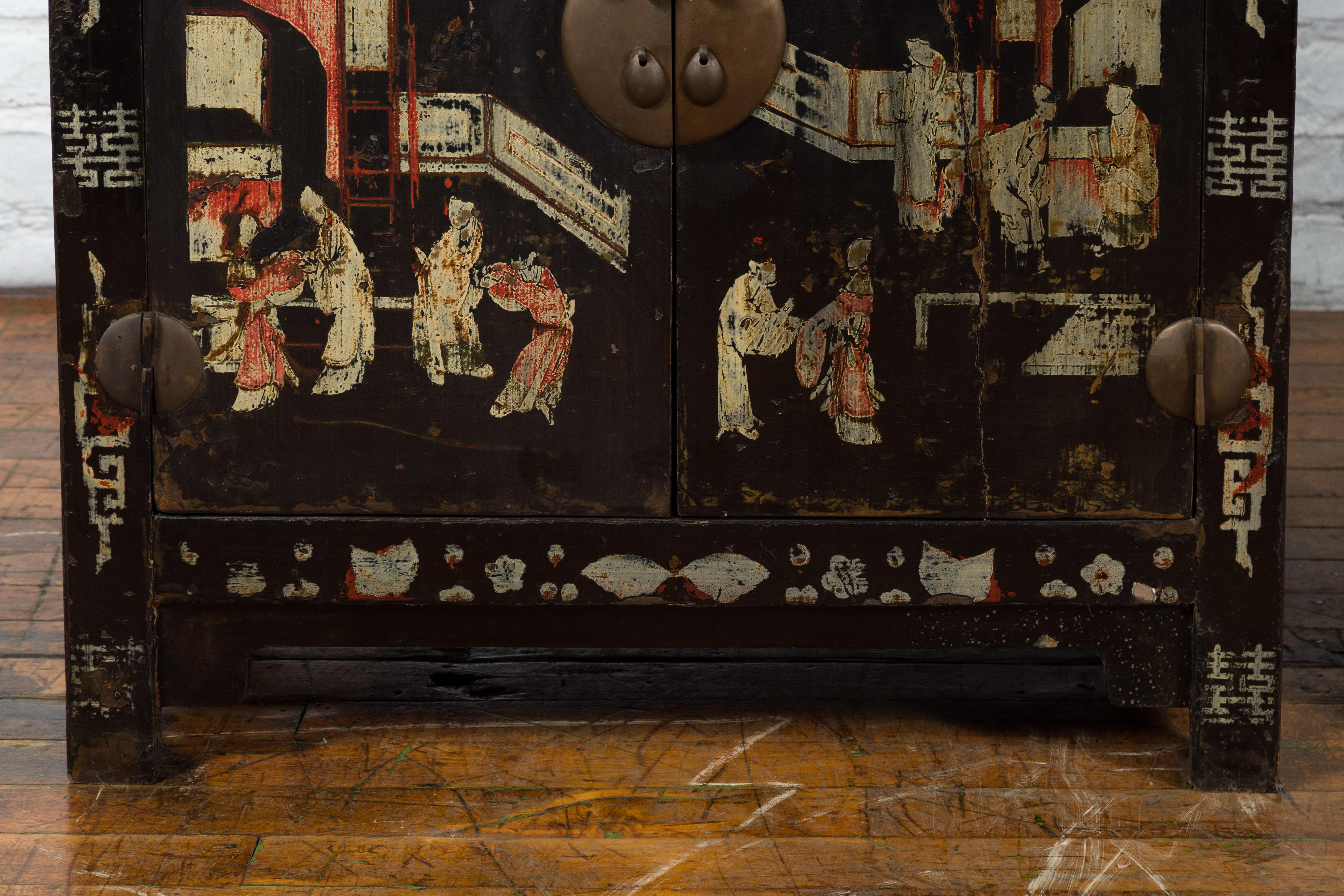 Pair of Chinese Qing Dynasty Black Lacquer Cabinets with Hand Painted Motifs For Sale 1