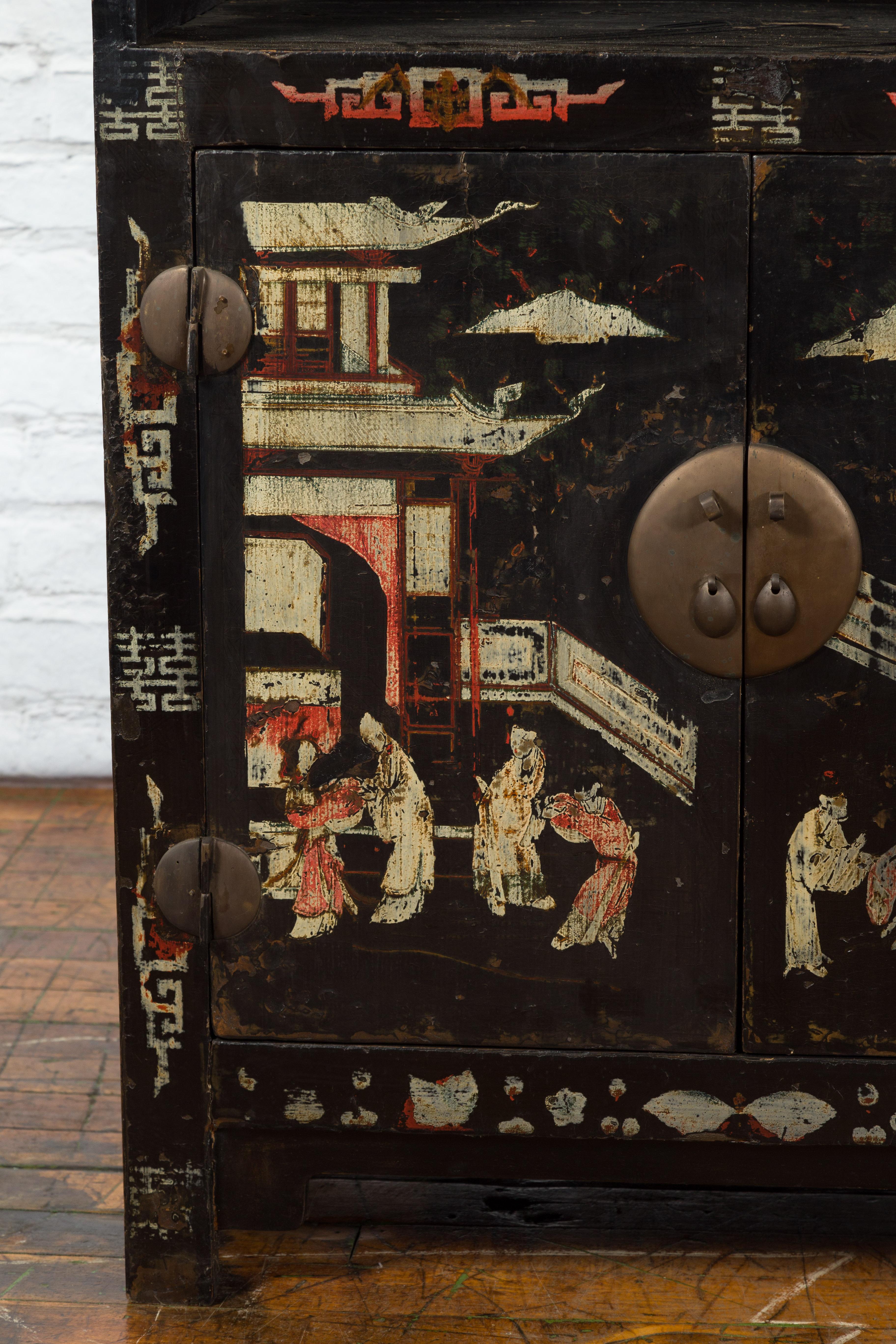 Pair of Chinese Qing Dynasty Black Lacquer Cabinets with Hand Painted Motifs For Sale 2