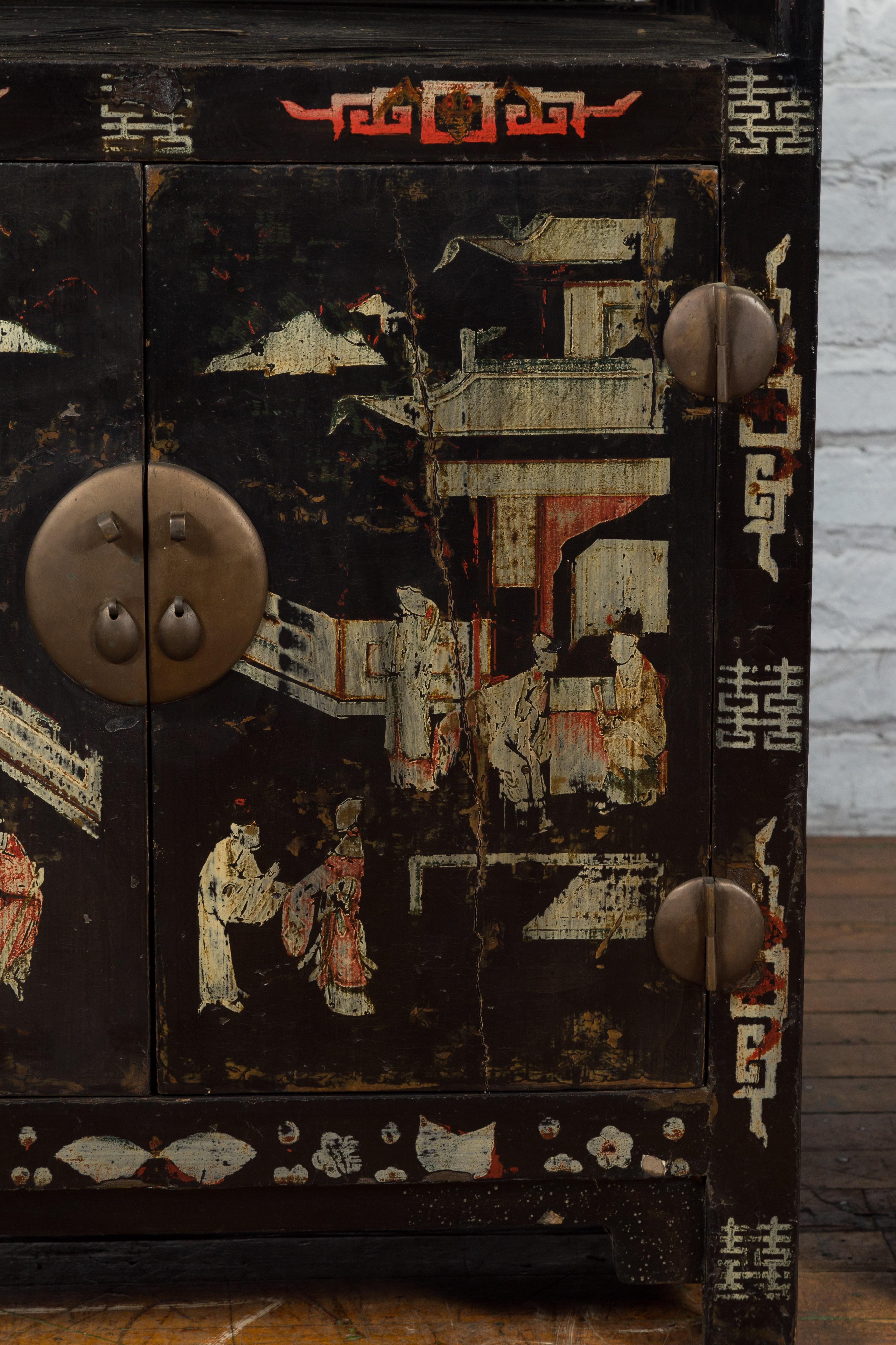 Pair of Chinese Qing Dynasty Black Lacquer Cabinets with Hand Painted Motifs For Sale 3