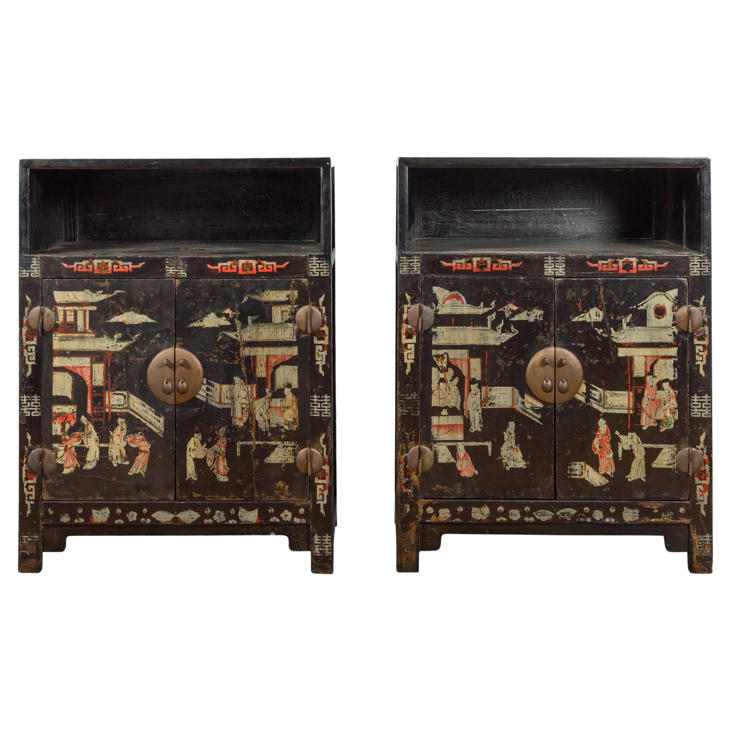 Pair of Chinese Qing Dynasty Black Lacquer Cabinets with Hand Painted Motifs For Sale
