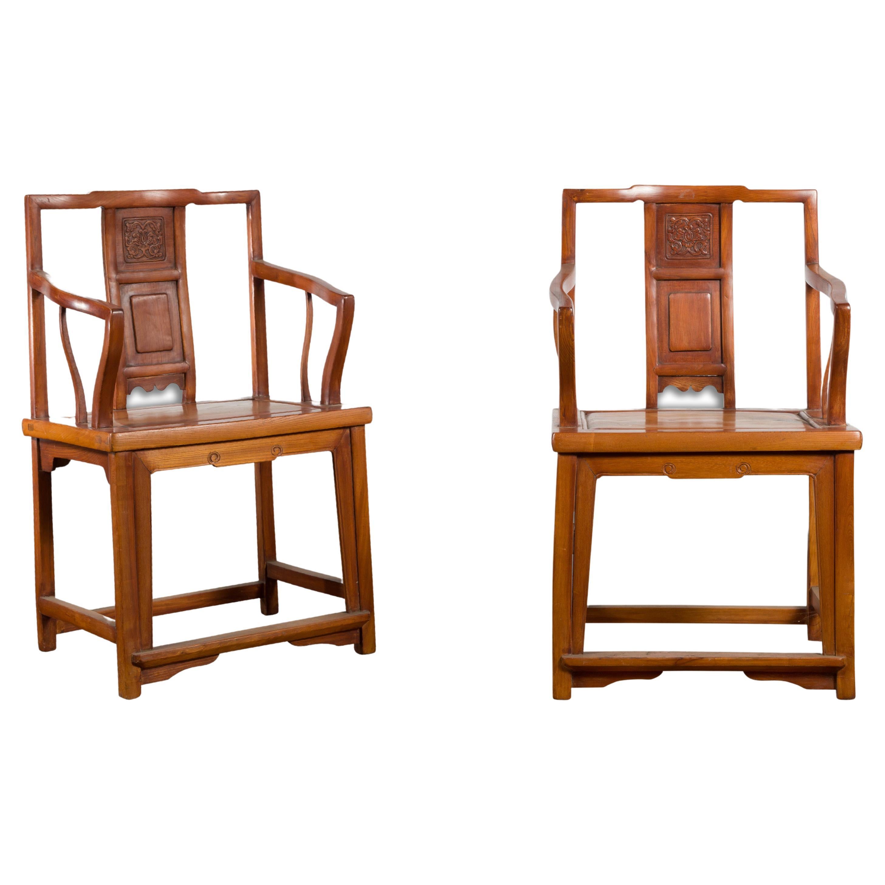 Pair of Chinese Qing Dynasty Carved and Lacquered Elmwood Armchairs For Sale