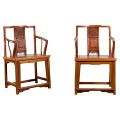 Pair of Chinese Qing Dynasty Carved and Lacquered Elmwood Armchairs