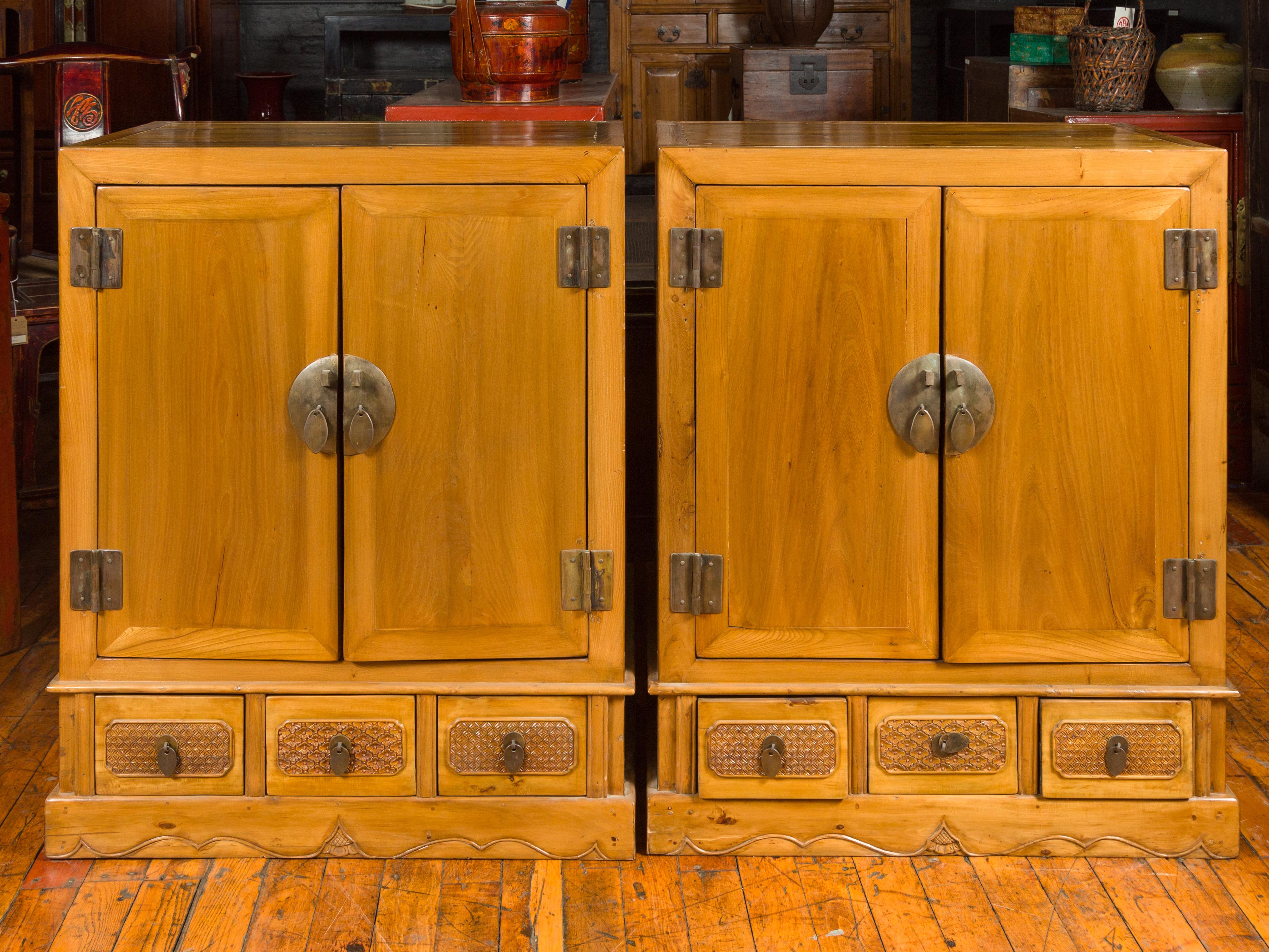 Pair of Chinese Qing Dynasty Carved Yumu Wood Cabinets with Doors and Drawers For Sale 5