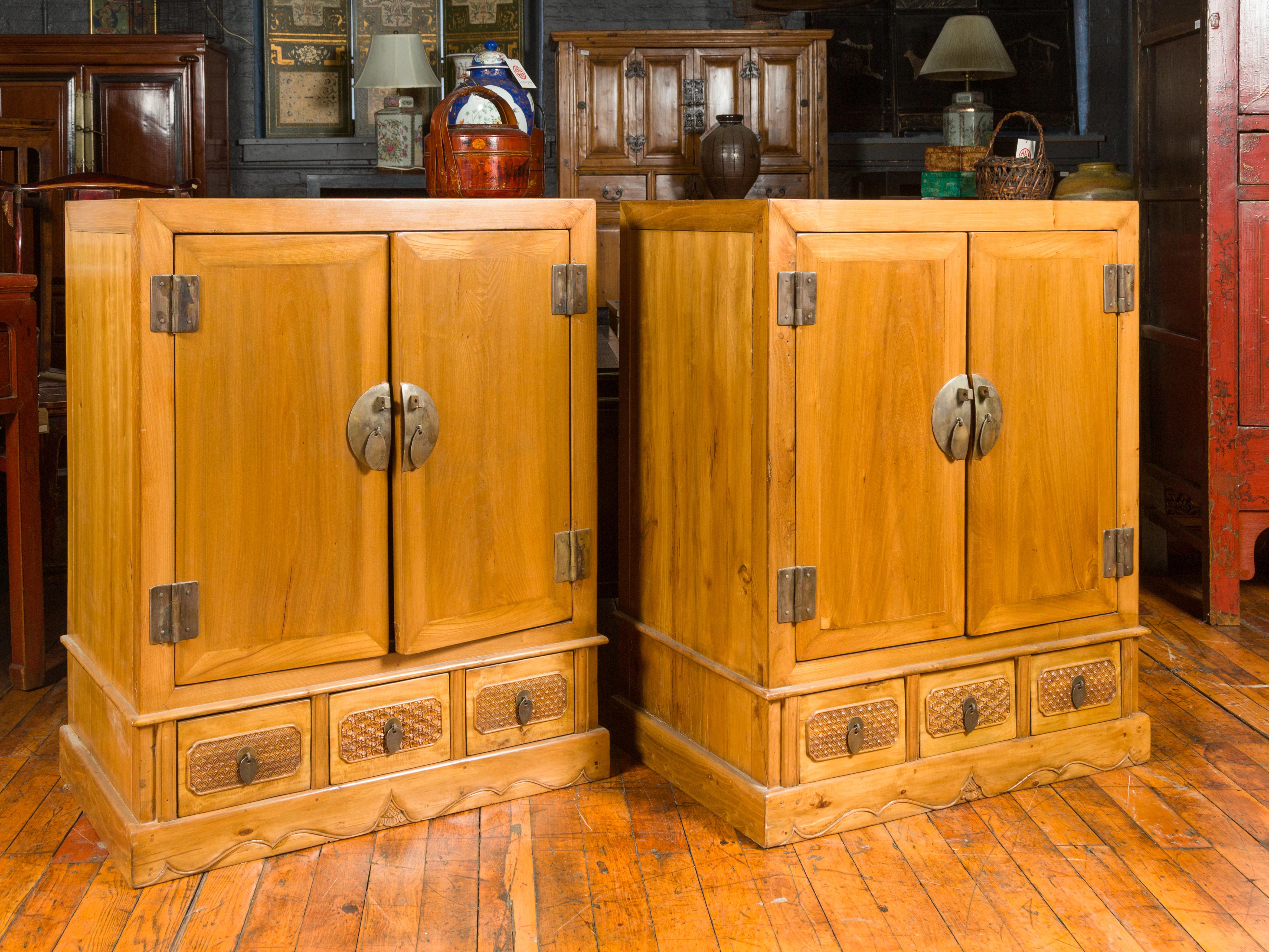 Pair of Chinese Qing Dynasty Carved Yumu Wood Cabinets with Doors and Drawers For Sale 11
