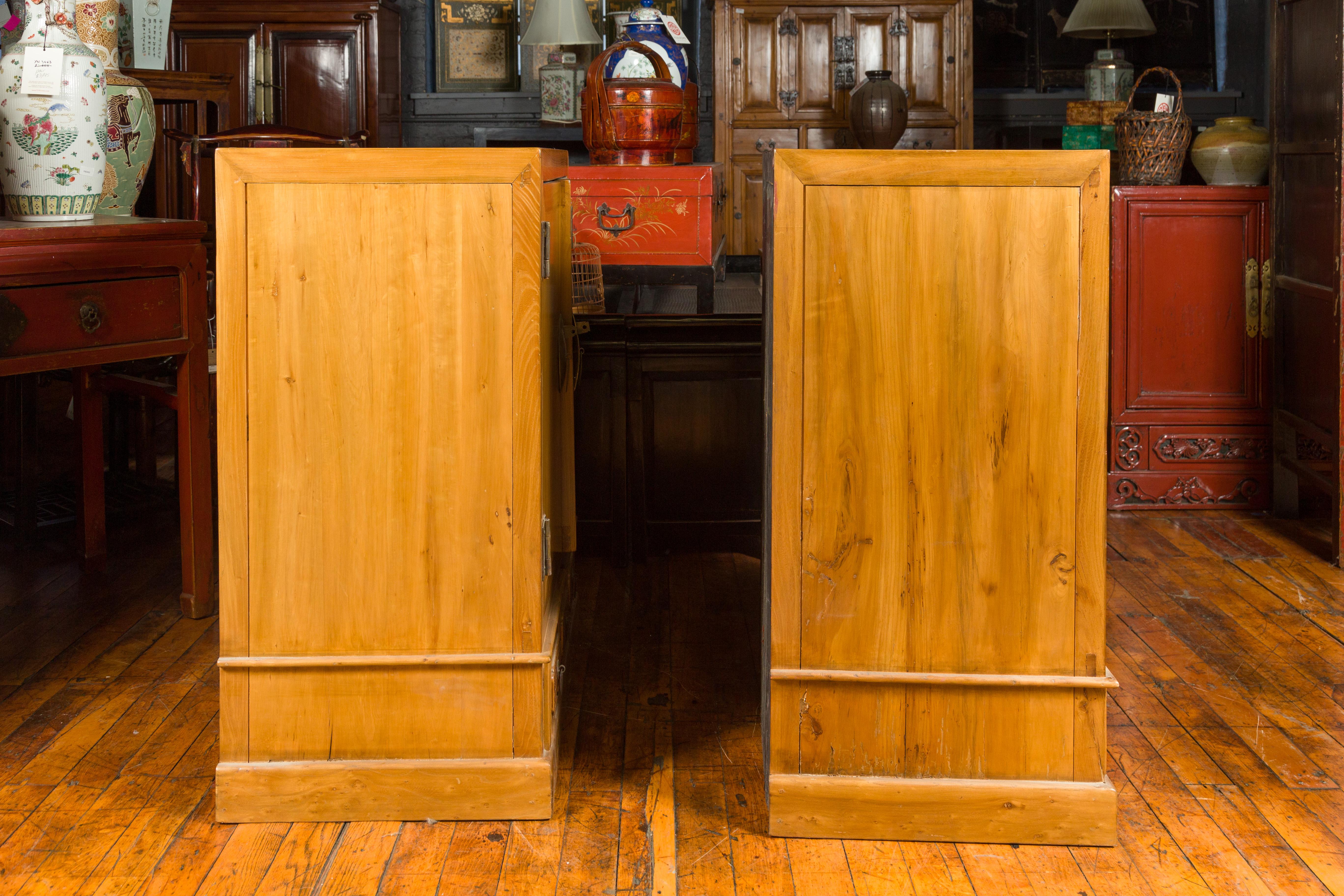 Pair of Chinese Qing Dynasty Carved Yumu Wood Cabinets with Doors and Drawers For Sale 12
