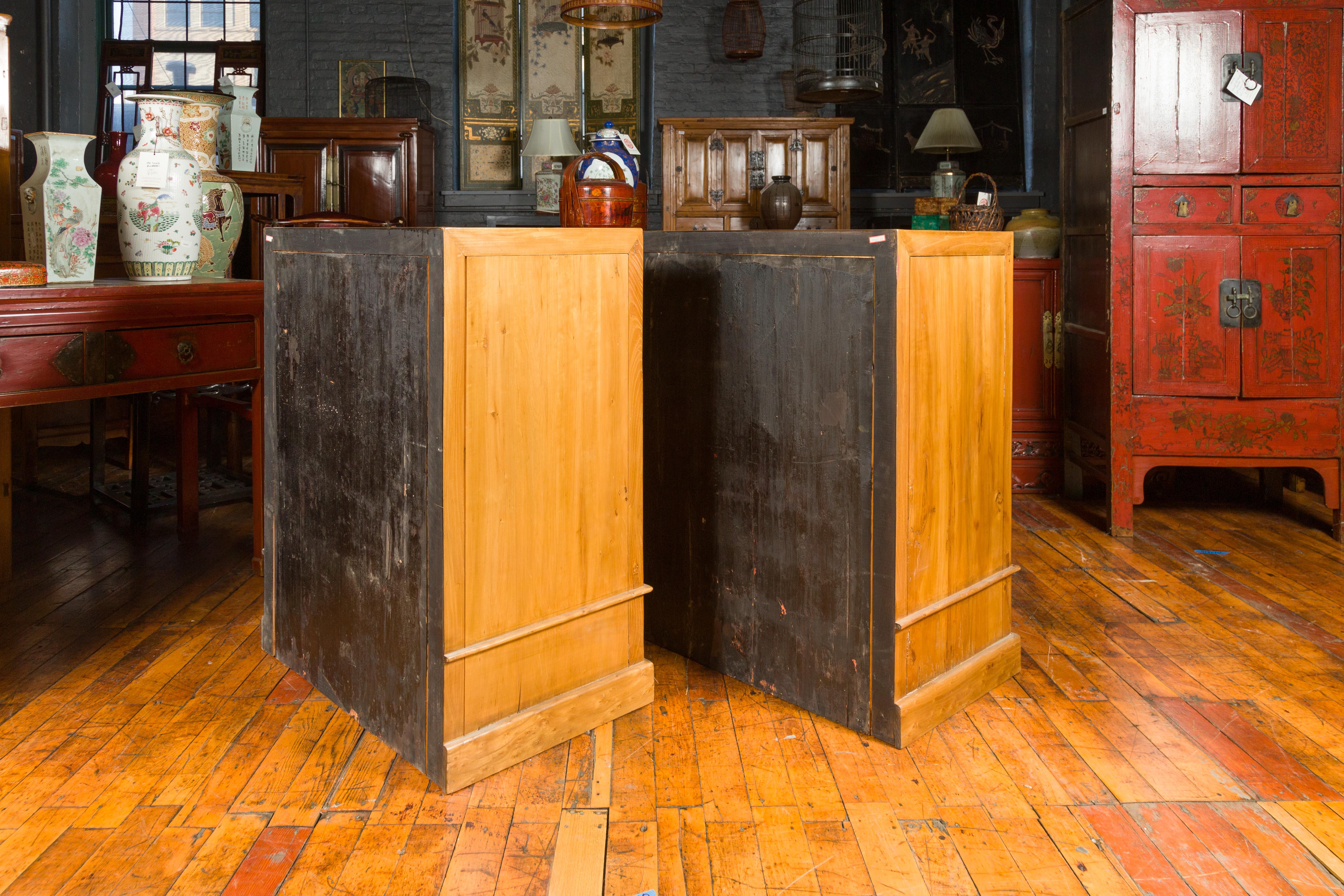 Pair of Chinese Qing Dynasty Carved Yumu Wood Cabinets with Doors and Drawers For Sale 13