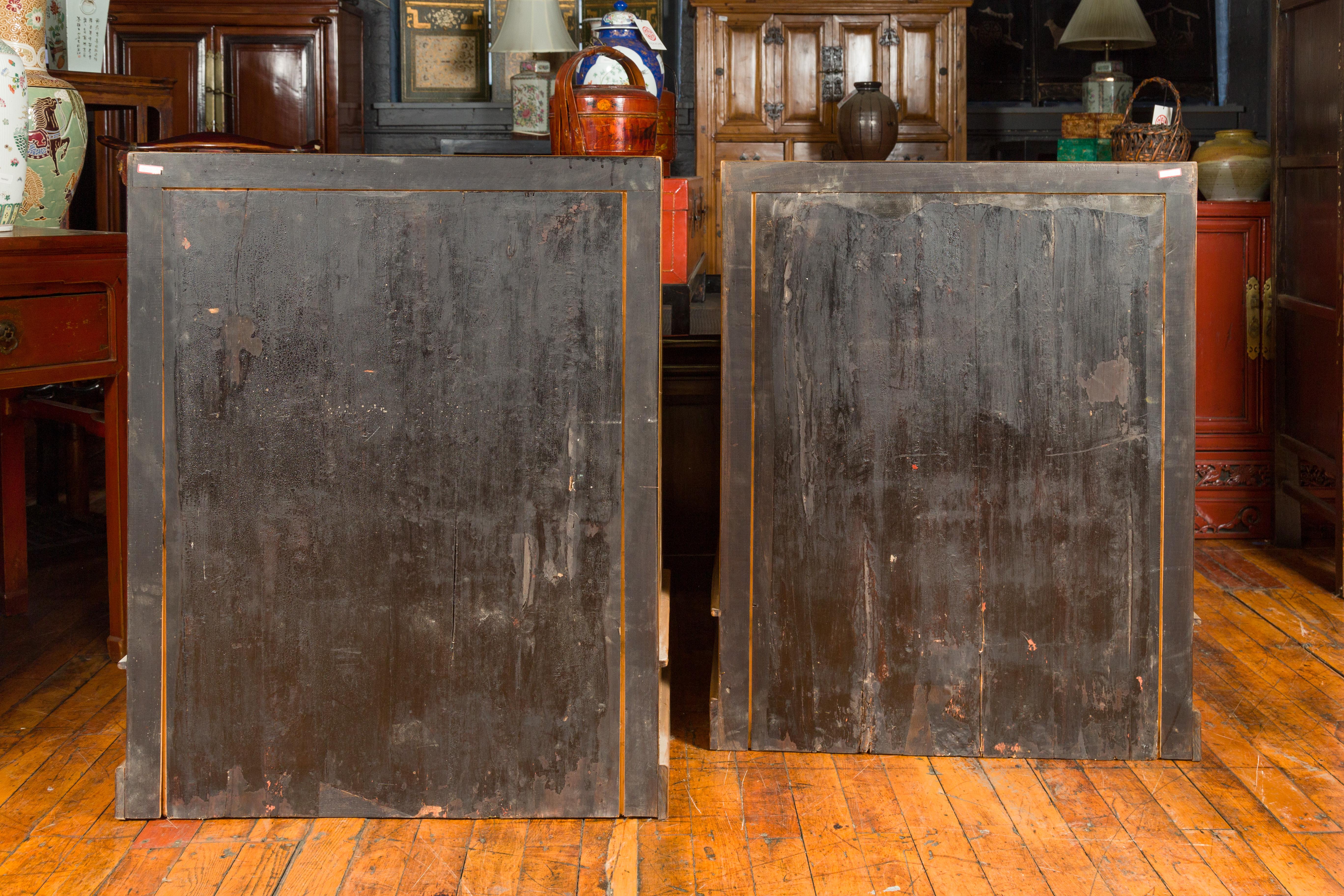 Pair of Chinese Qing Dynasty Carved Yumu Wood Cabinets with Doors and Drawers For Sale 14