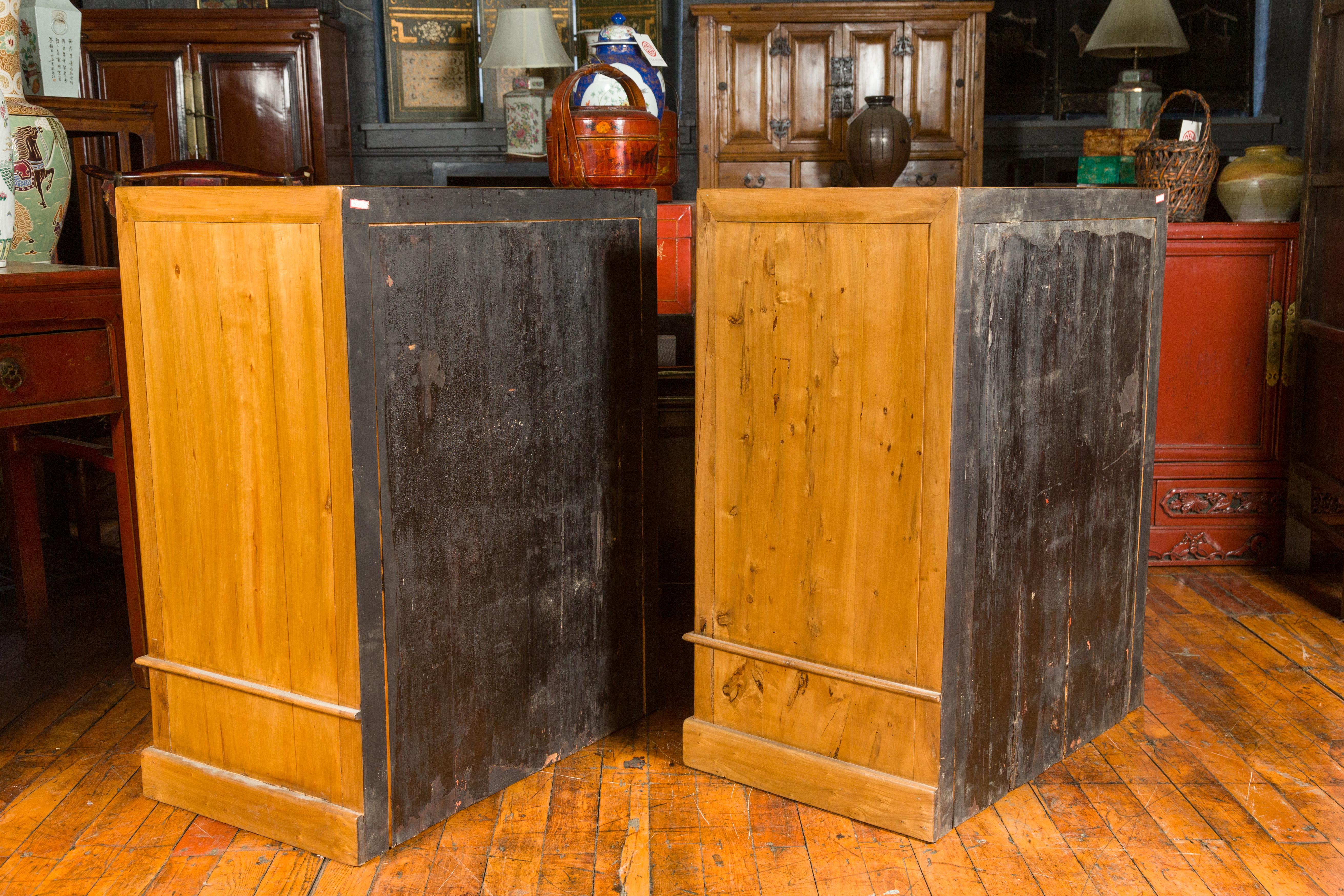 Pair of Chinese Qing Dynasty Carved Yumu Wood Cabinets with Doors and Drawers For Sale 15