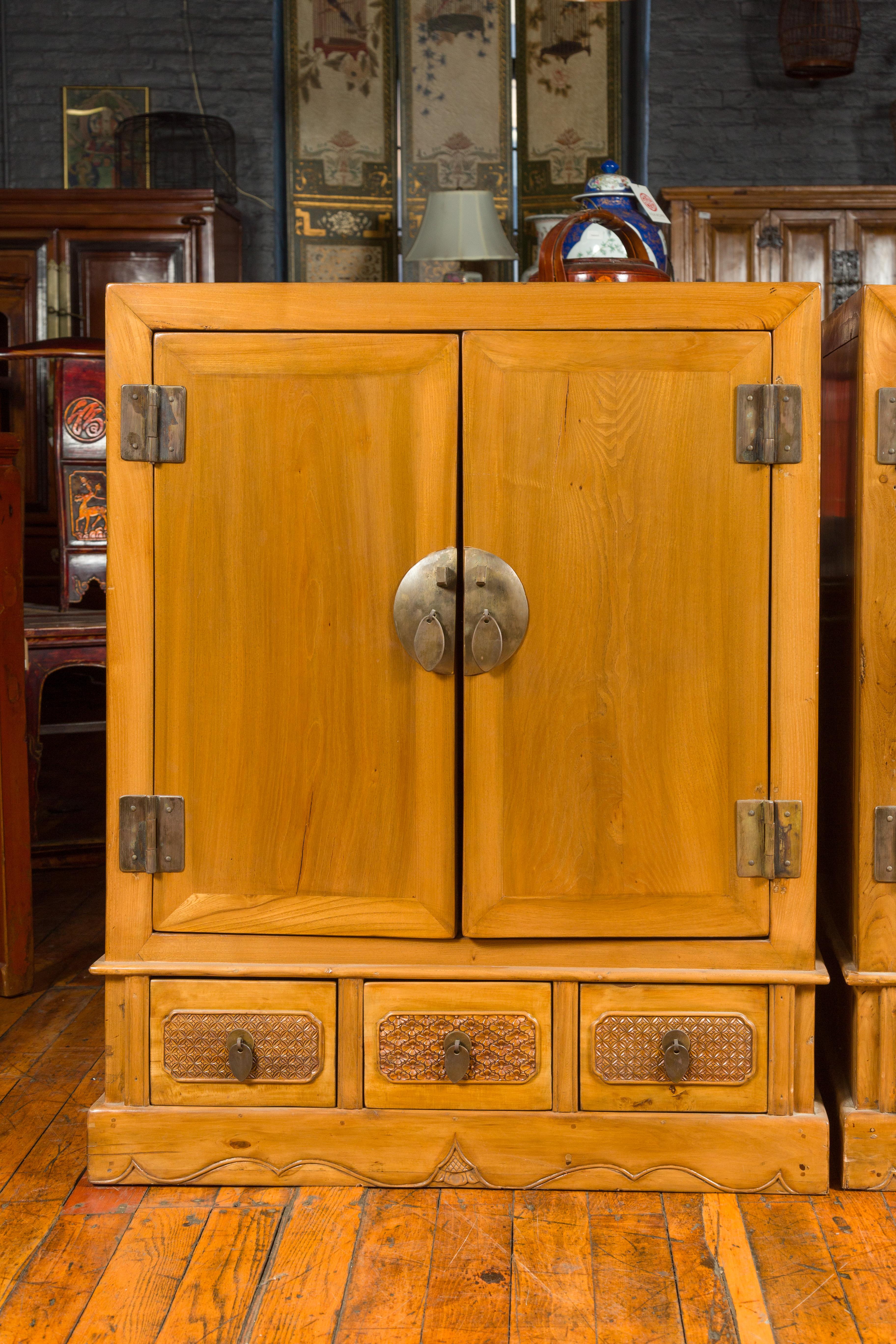 Pair of Chinese Qing Dynasty Carved Yumu Wood Cabinets with Doors and Drawers In Good Condition For Sale In Yonkers, NY