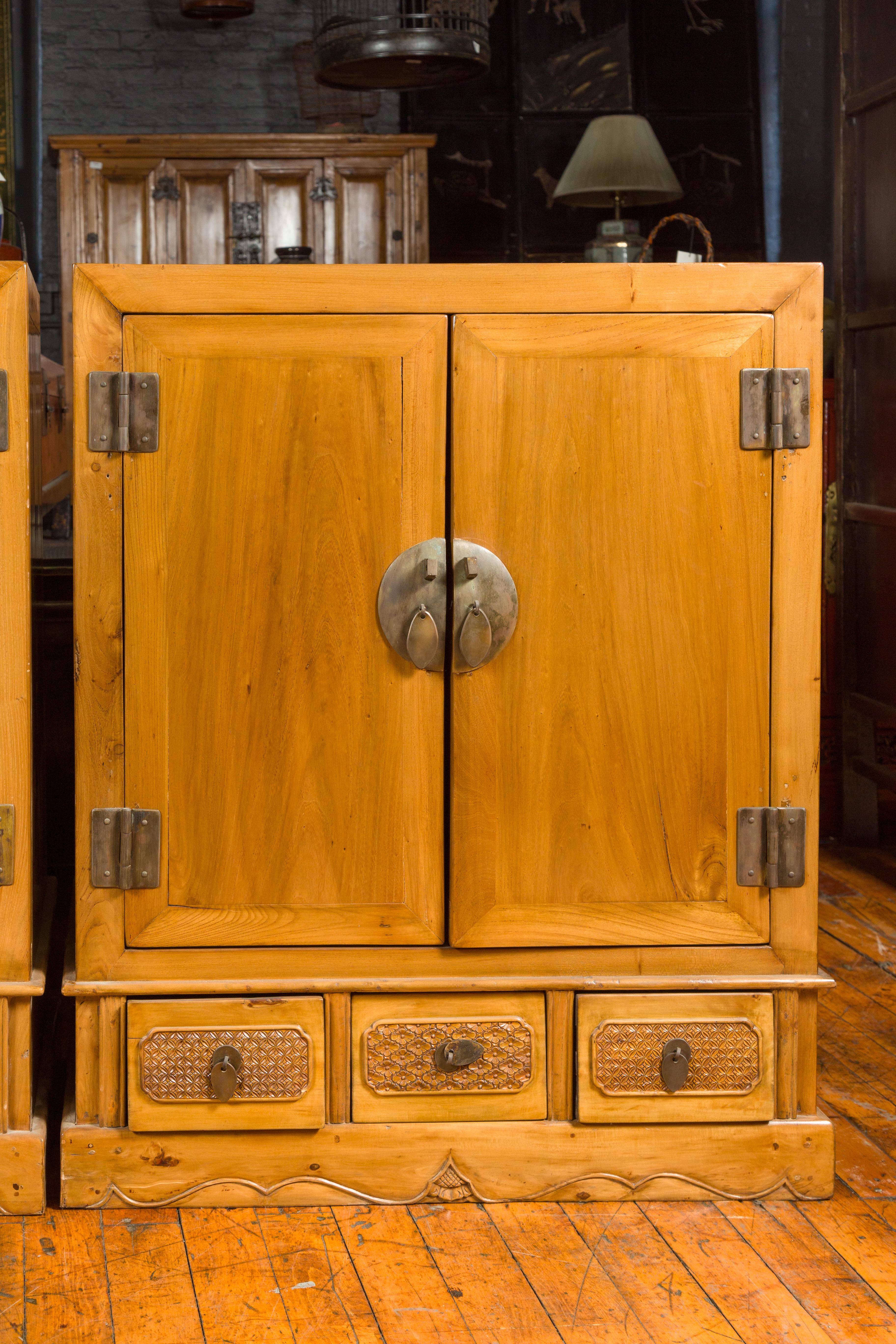 19th Century Pair of Chinese Qing Dynasty Carved Yumu Wood Cabinets with Doors and Drawers For Sale