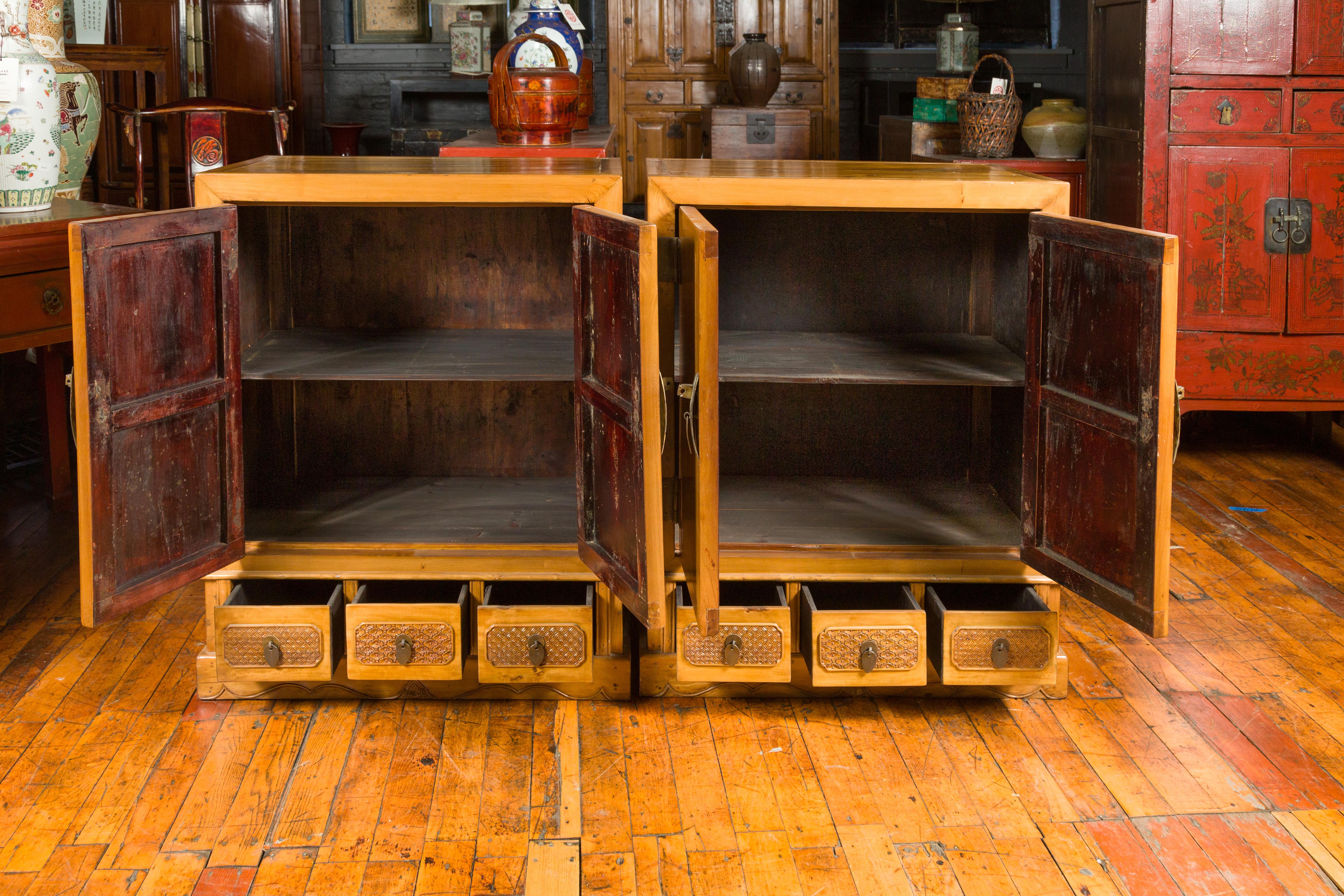 Bronze Pair of Chinese Qing Dynasty Carved Yumu Wood Cabinets with Doors and Drawers For Sale