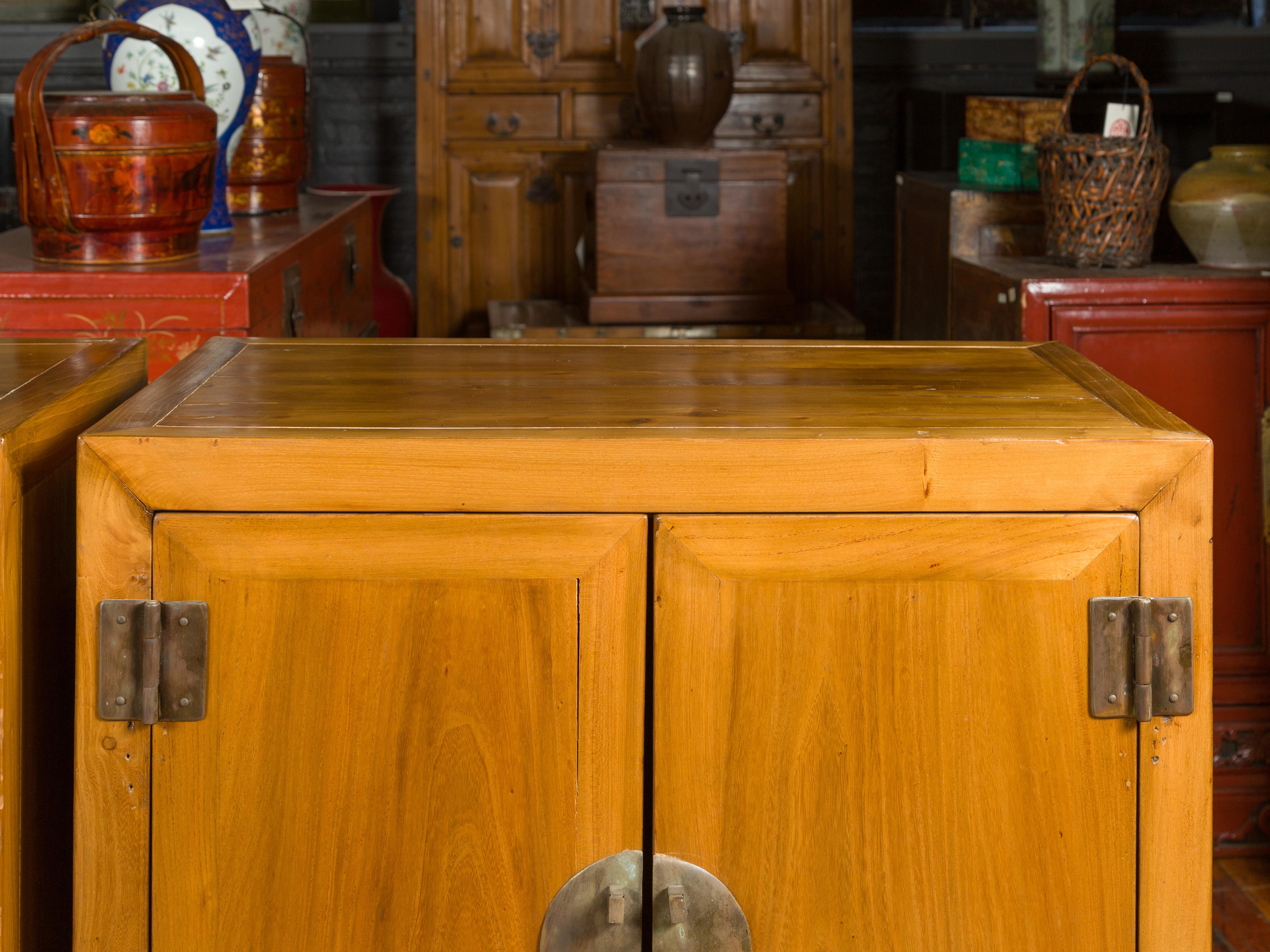 Pair of Qing Dynasty Carved Yumu Wood Cabinets with Doors and Drawers For Sale 1