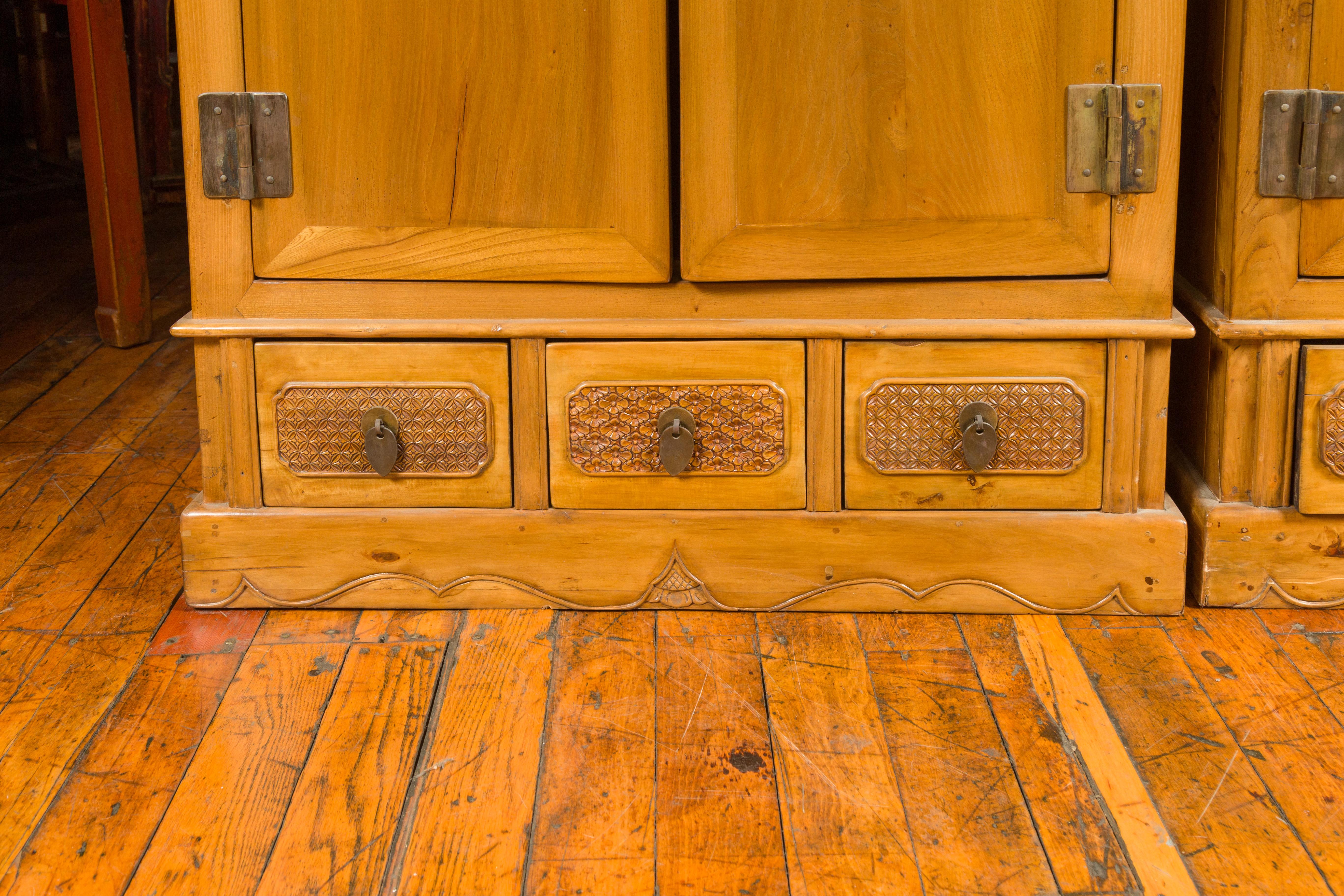 Pair of Chinese Qing Dynasty Carved Yumu Wood Cabinets with Doors and Drawers For Sale 3