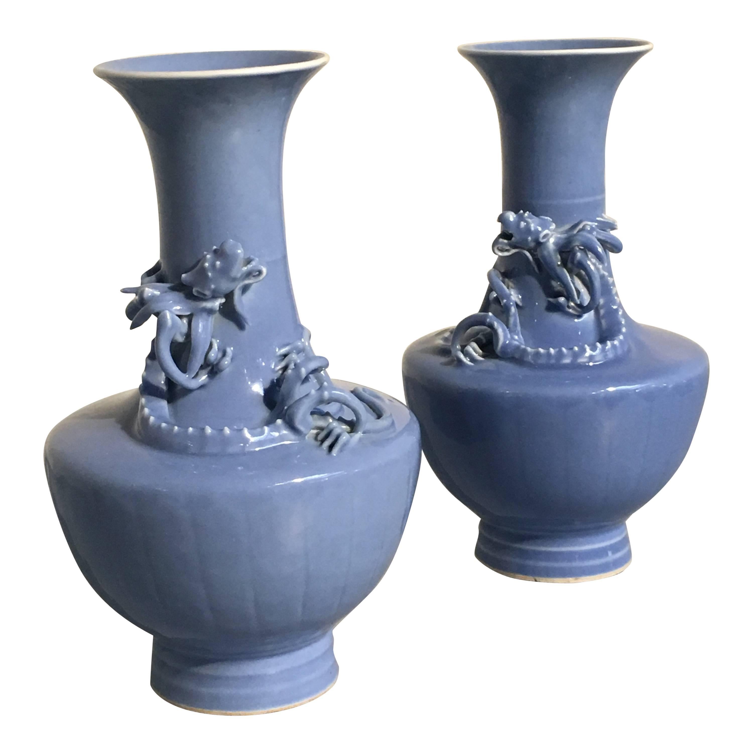 Pair of Chinese Qing Dynasty Clair de Lune Monochrome Porcelain Dragon Vase...