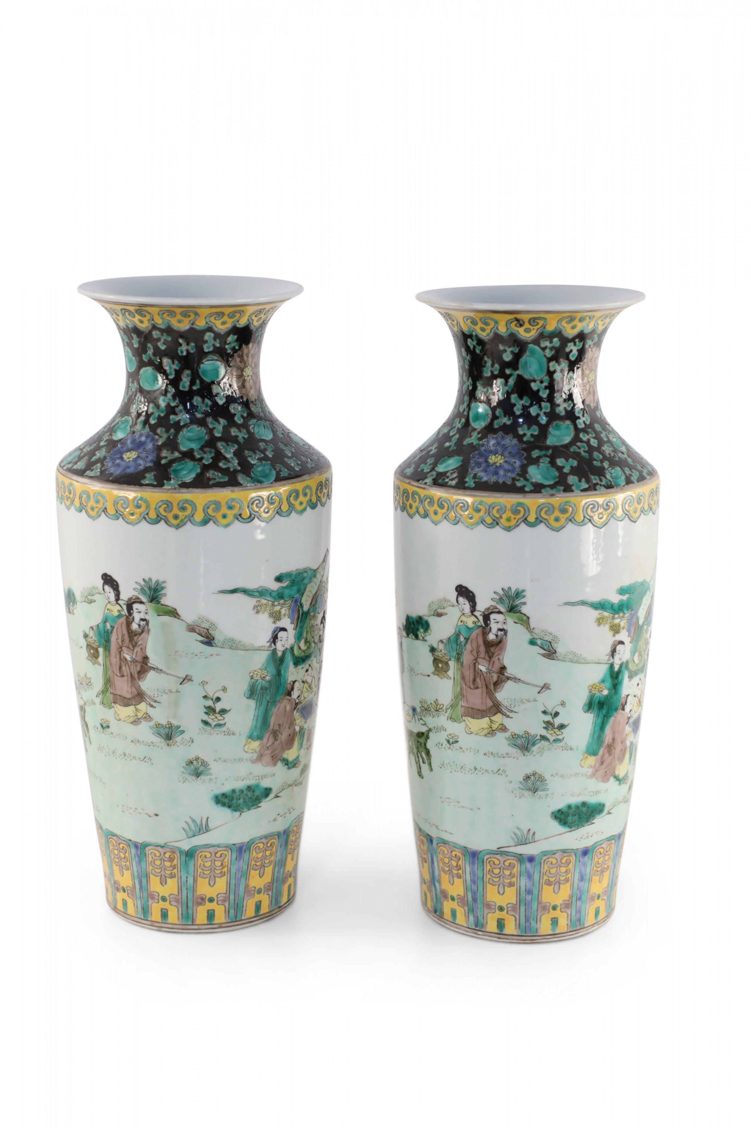 Chinese Export Pair of Chinese Qing Dynasty Garden Scene Porcelain Sleeve Vases
