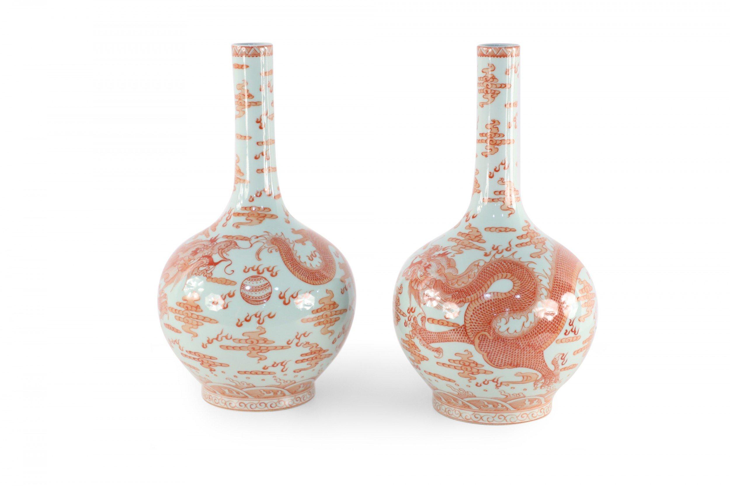 Chinese Export Pair of Chinese Qing Dynasty Gray and Alum Red Dragon Motif Porcelain Vases
