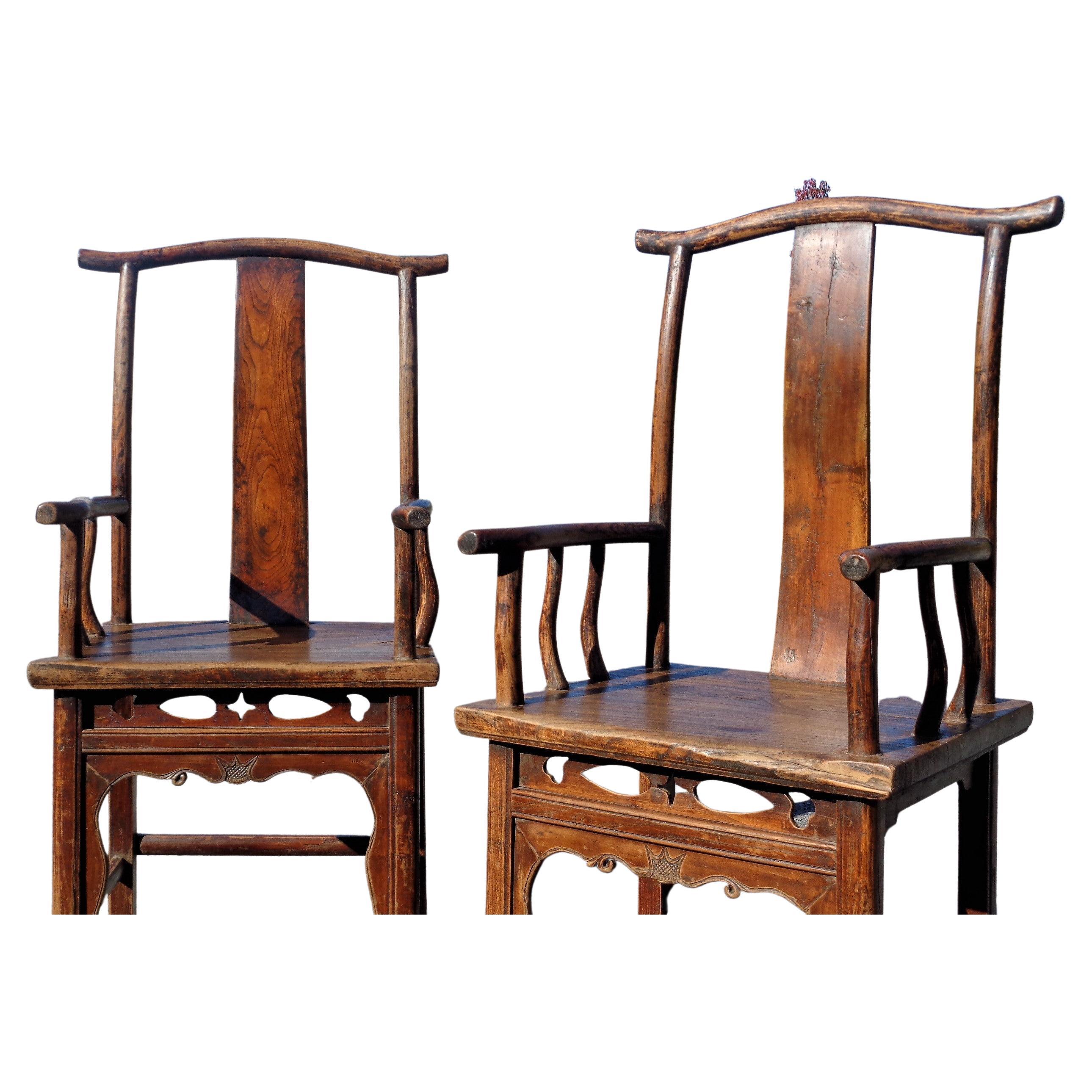 19th C. Chinese Qing Dynasty Hardwood Official's Cap Armchairs  For Sale 6