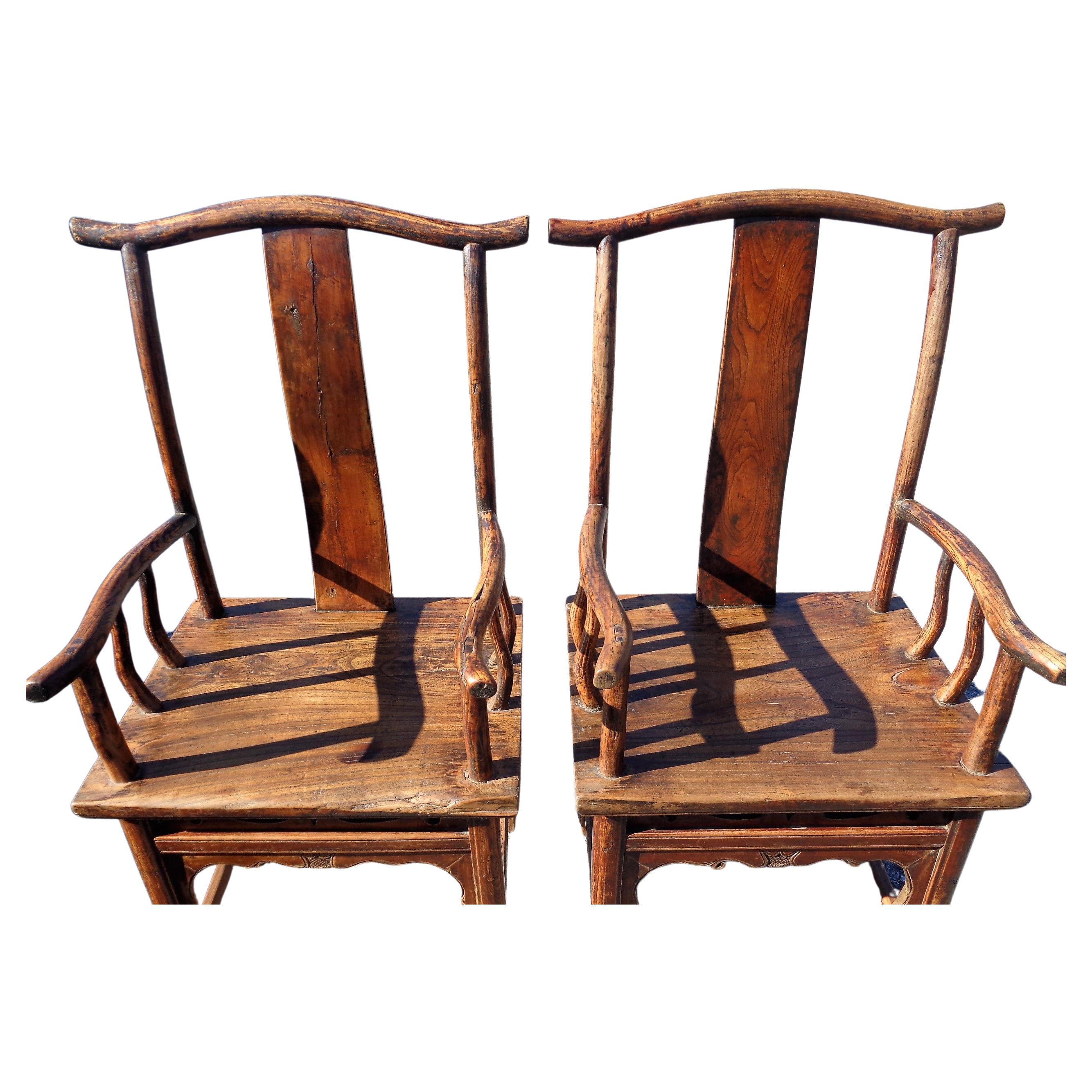 19th C. Chinese Qing Dynasty Hardwood Official's Cap Armchairs  In Good Condition For Sale In Rochester, NY