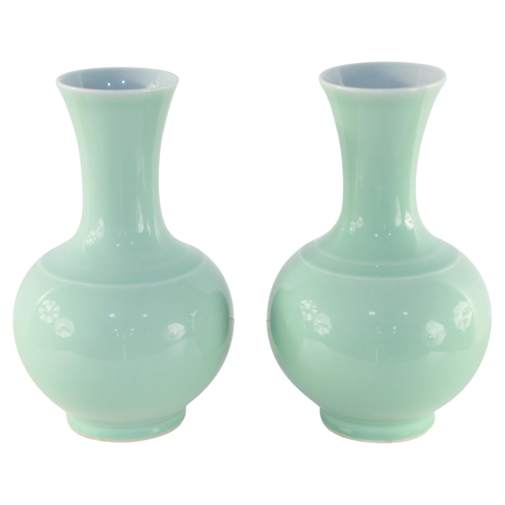 Pair of Chinese Qing Style Mint Green Glazed Globular Porcelain Vases