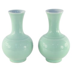 Vintage Pair of Chinese Qing Style Mint Green Glazed Globular Porcelain Vases