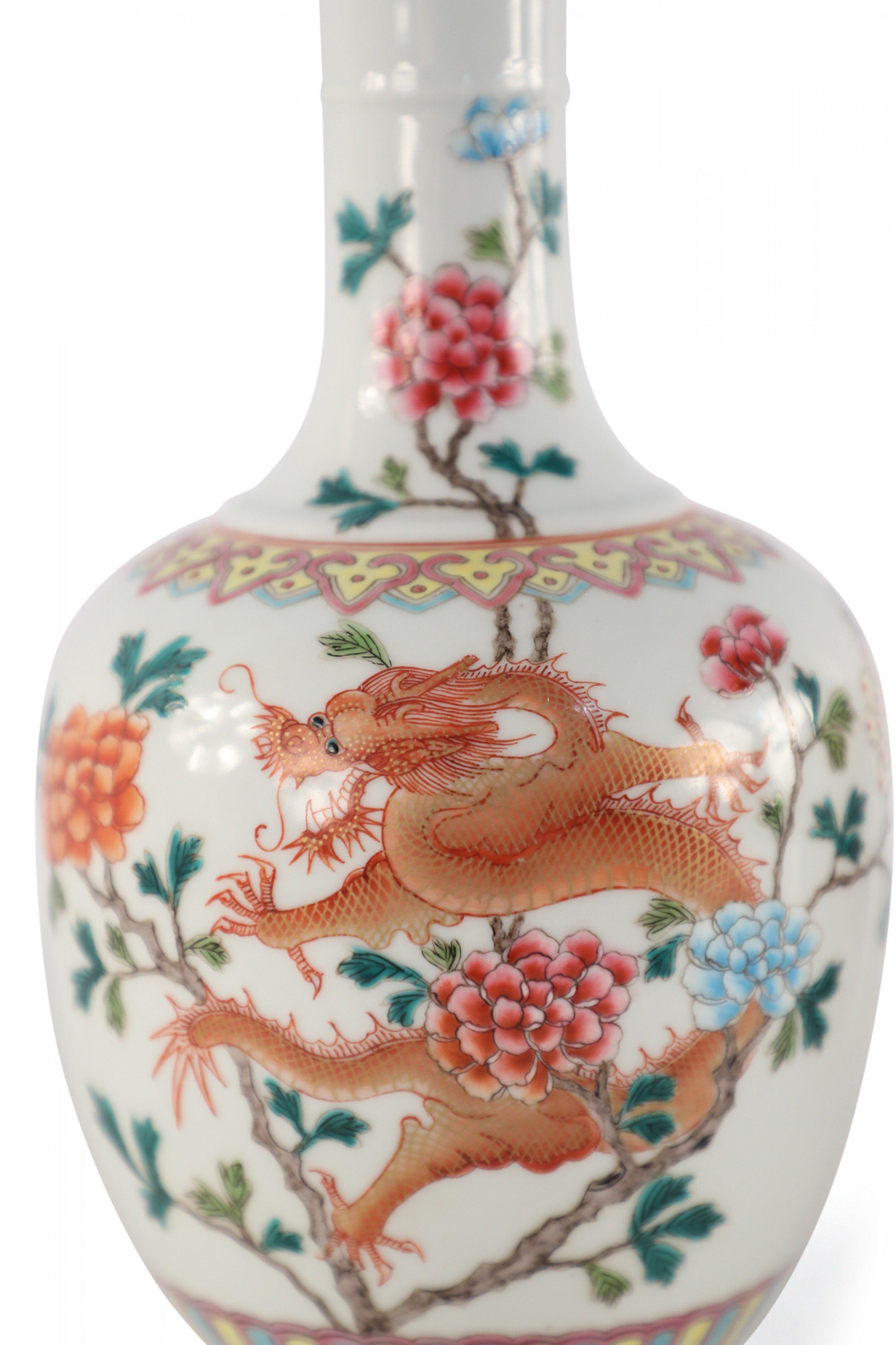 Pair of Chinese Qing Dynasty Qianlong period (18th century) globular, white porcelain vases featuring orange dragons with floral backgrounds and decorative bands (date mark on bottoms)(priced as pair).
  