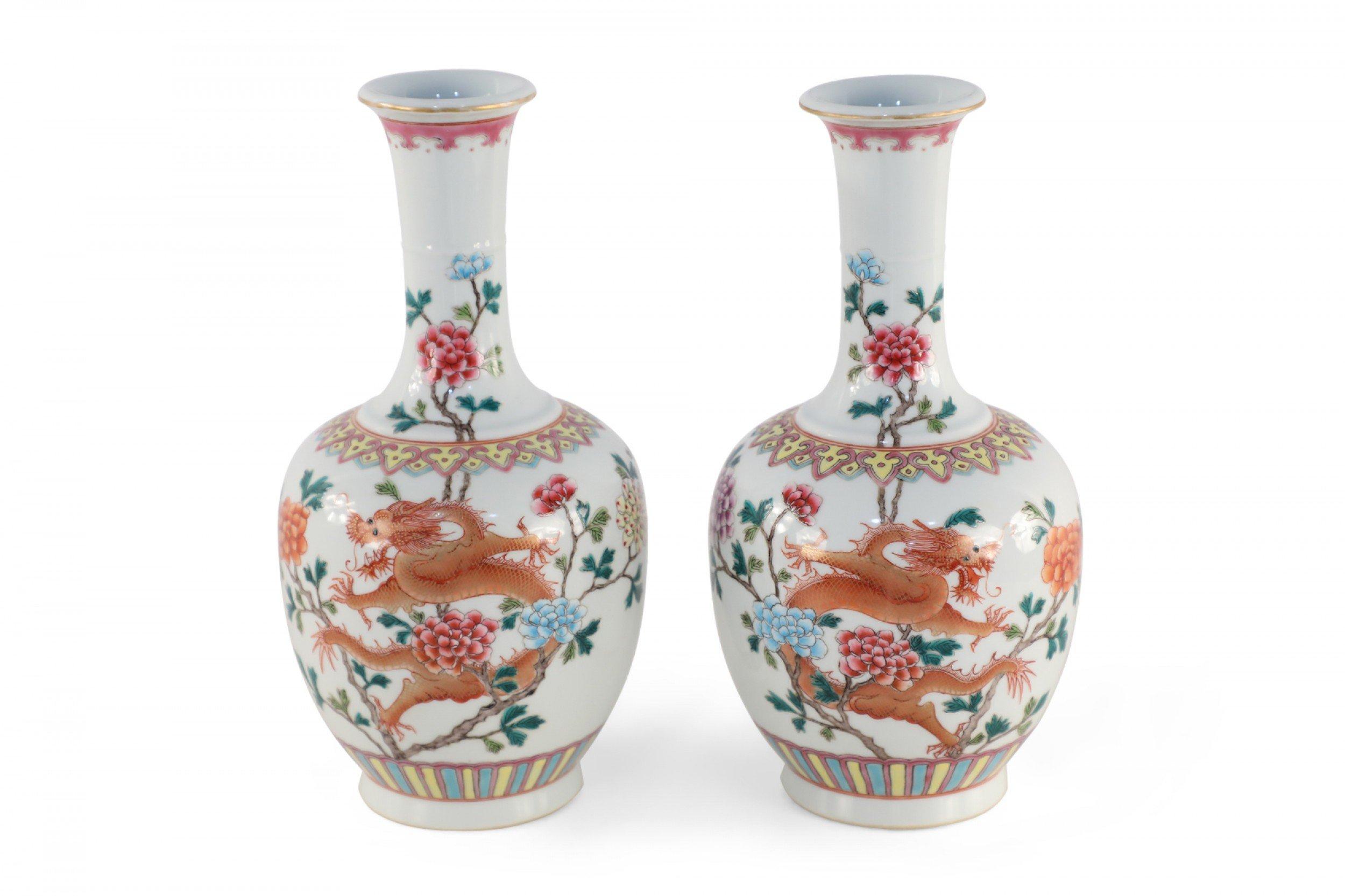 Pair of Chinese Qing Dynasty Orange Dragon and Floral Motif Porcelain Vases 1