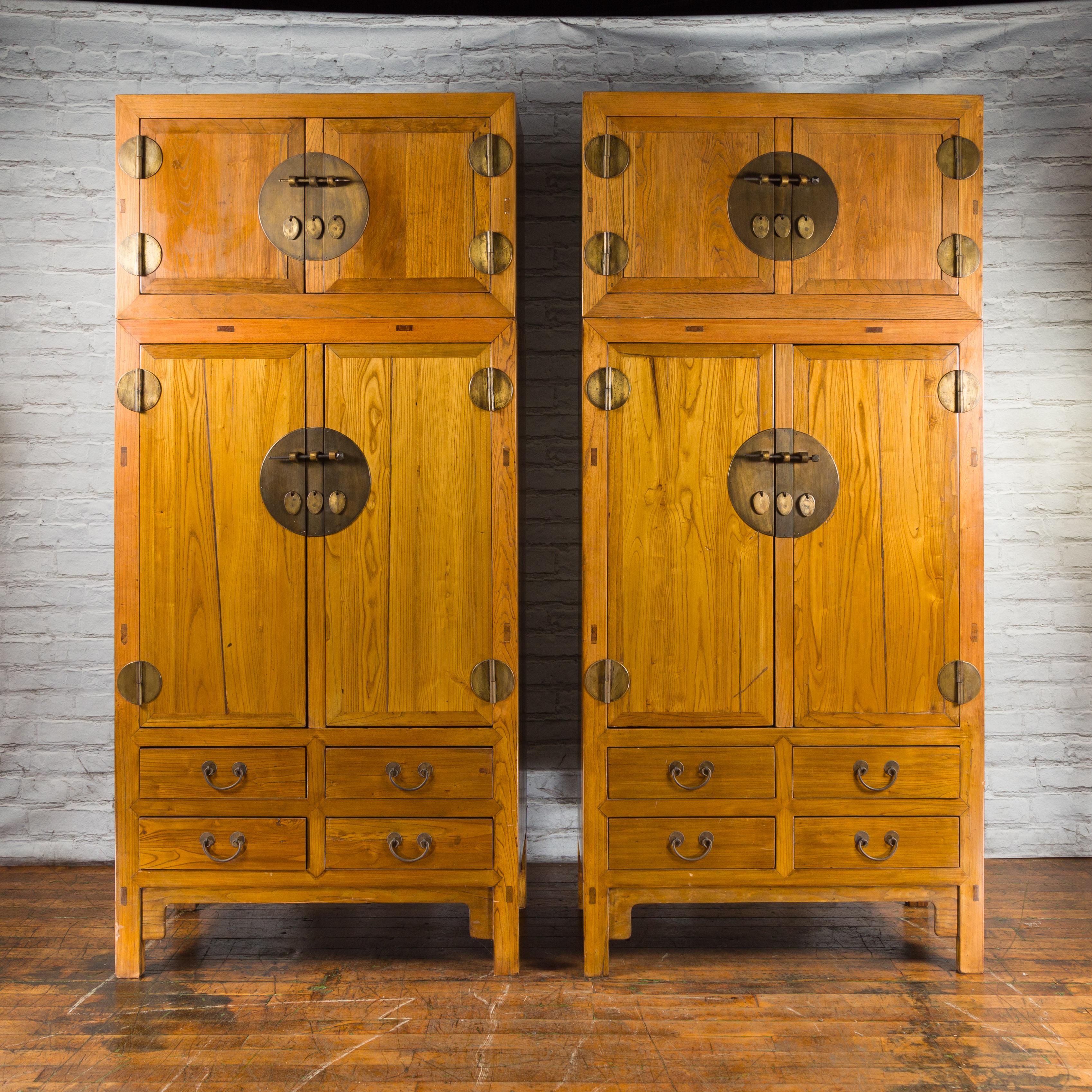 Pair of Chinese Qing Dynasty Period Elm Compound Cabinets with Doors and Drawers For Sale 6