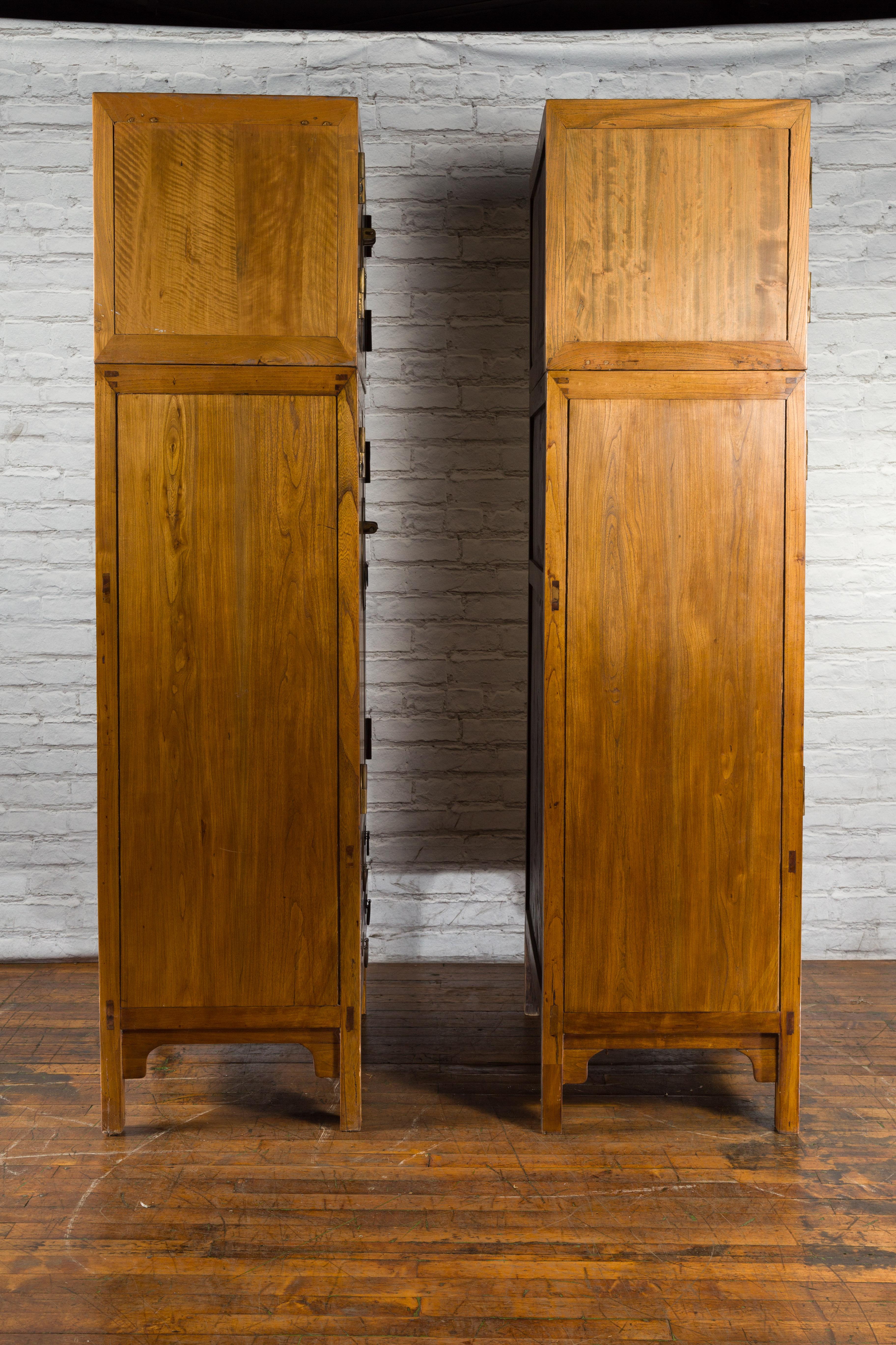 Pair of Chinese Qing Dynasty Period Elm Compound Cabinets with Doors and Drawers For Sale 7