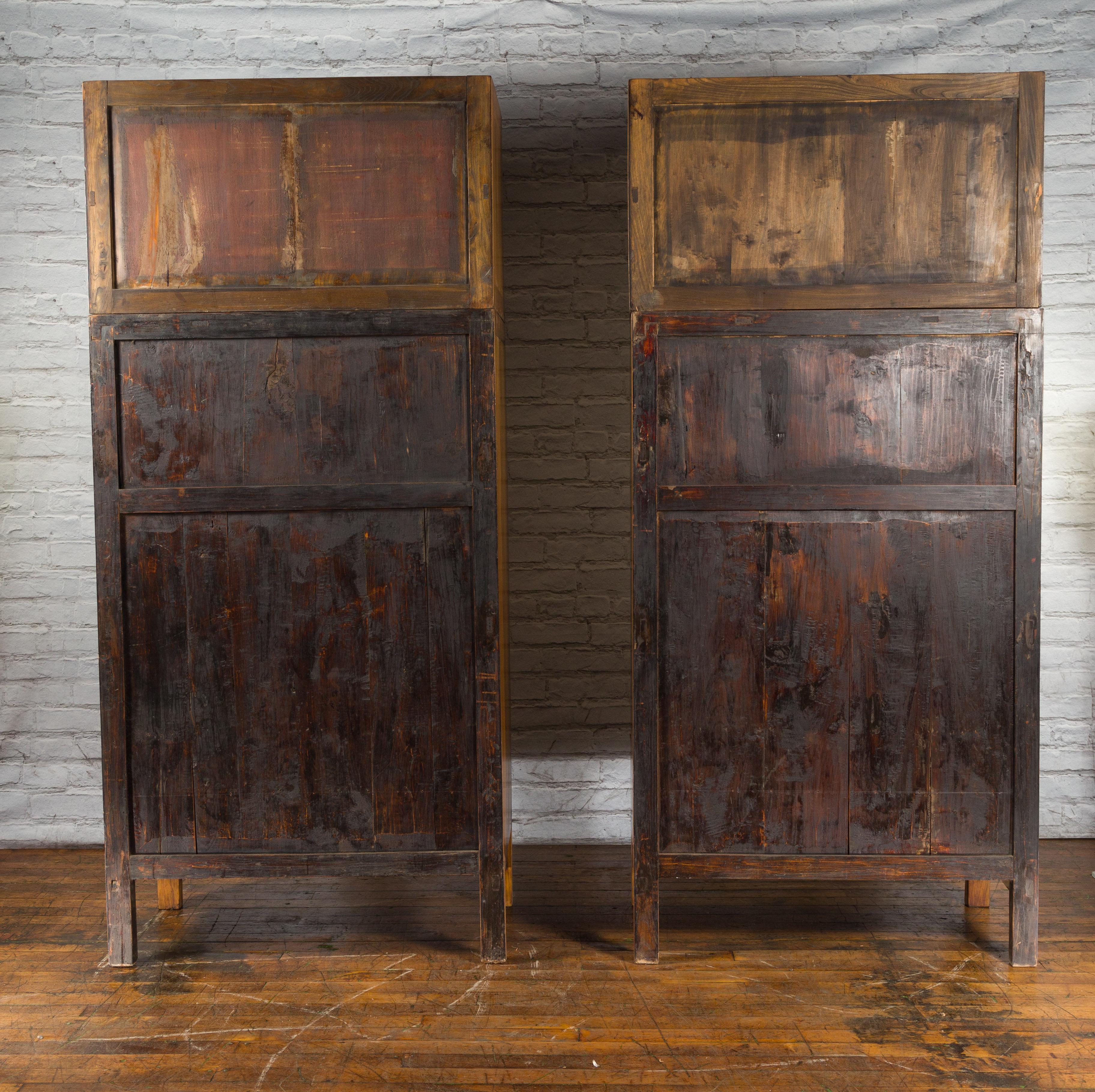 Pair of Chinese Qing Dynasty Period Elm Compound Cabinets with Doors and Drawers For Sale 8