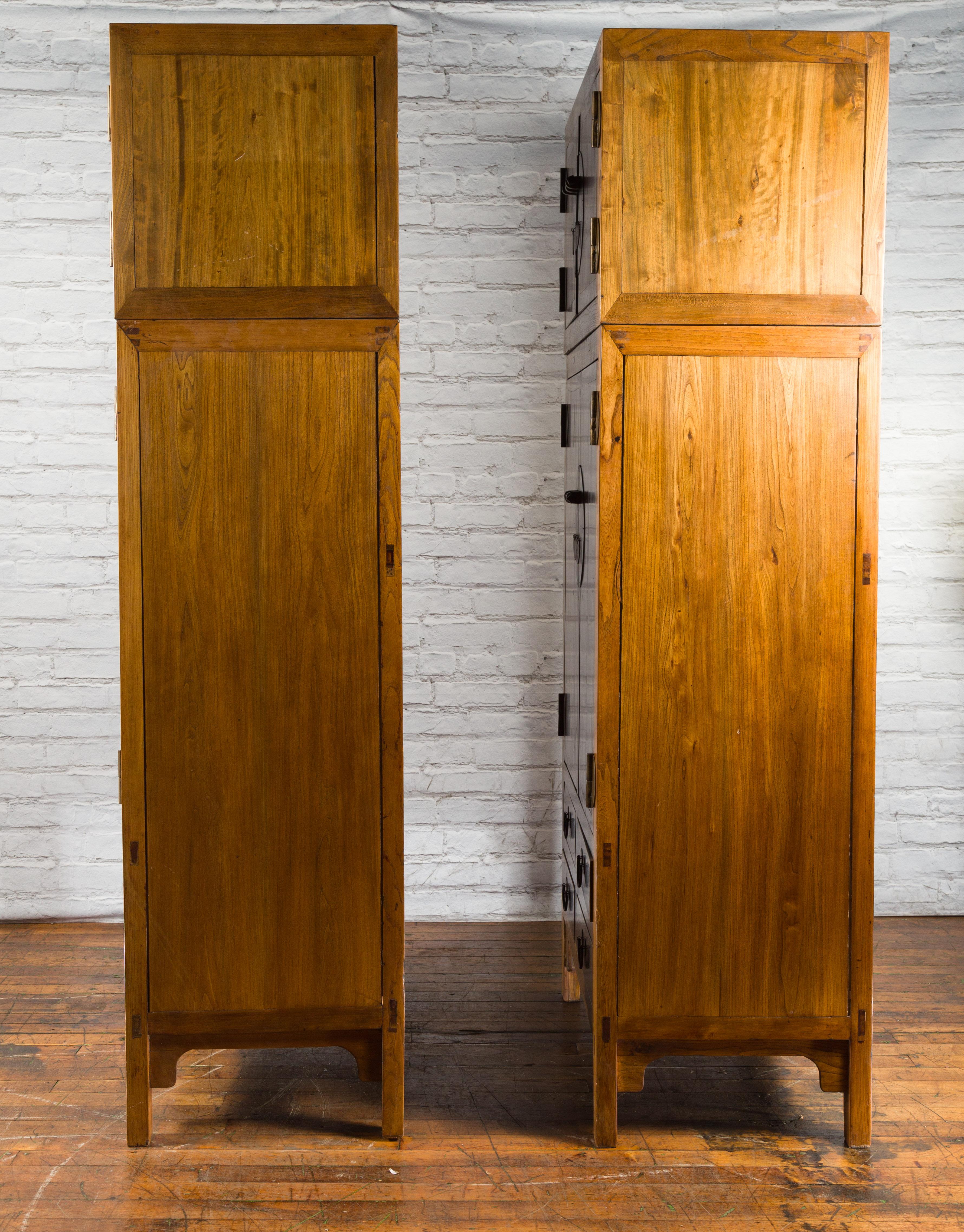 Pair of Chinese Qing Dynasty Period Elm Compound Cabinets with Doors and Drawers For Sale 9