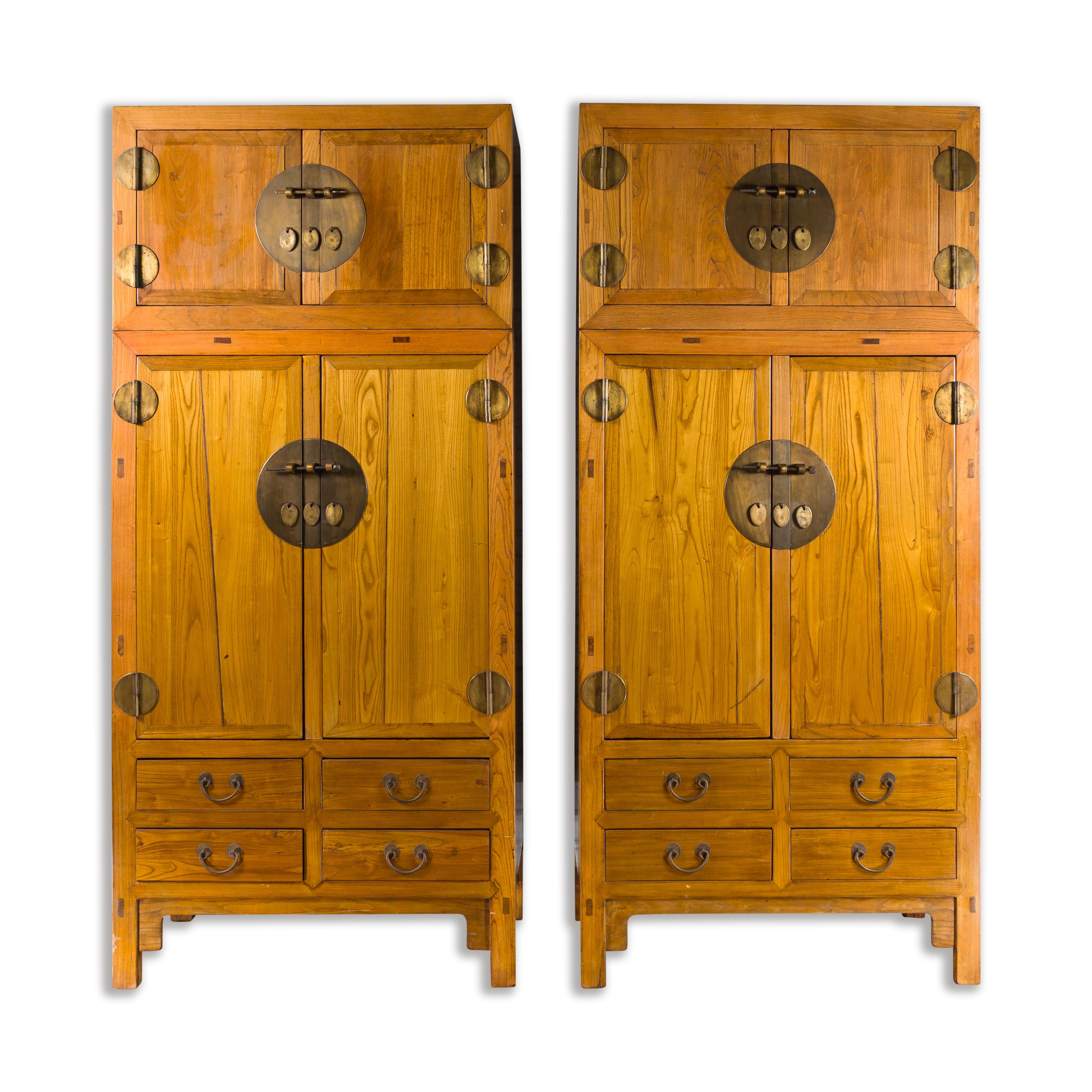 Pair of Chinese Qing Dynasty Period Elm Compound Cabinets with Doors and Drawers For Sale 10