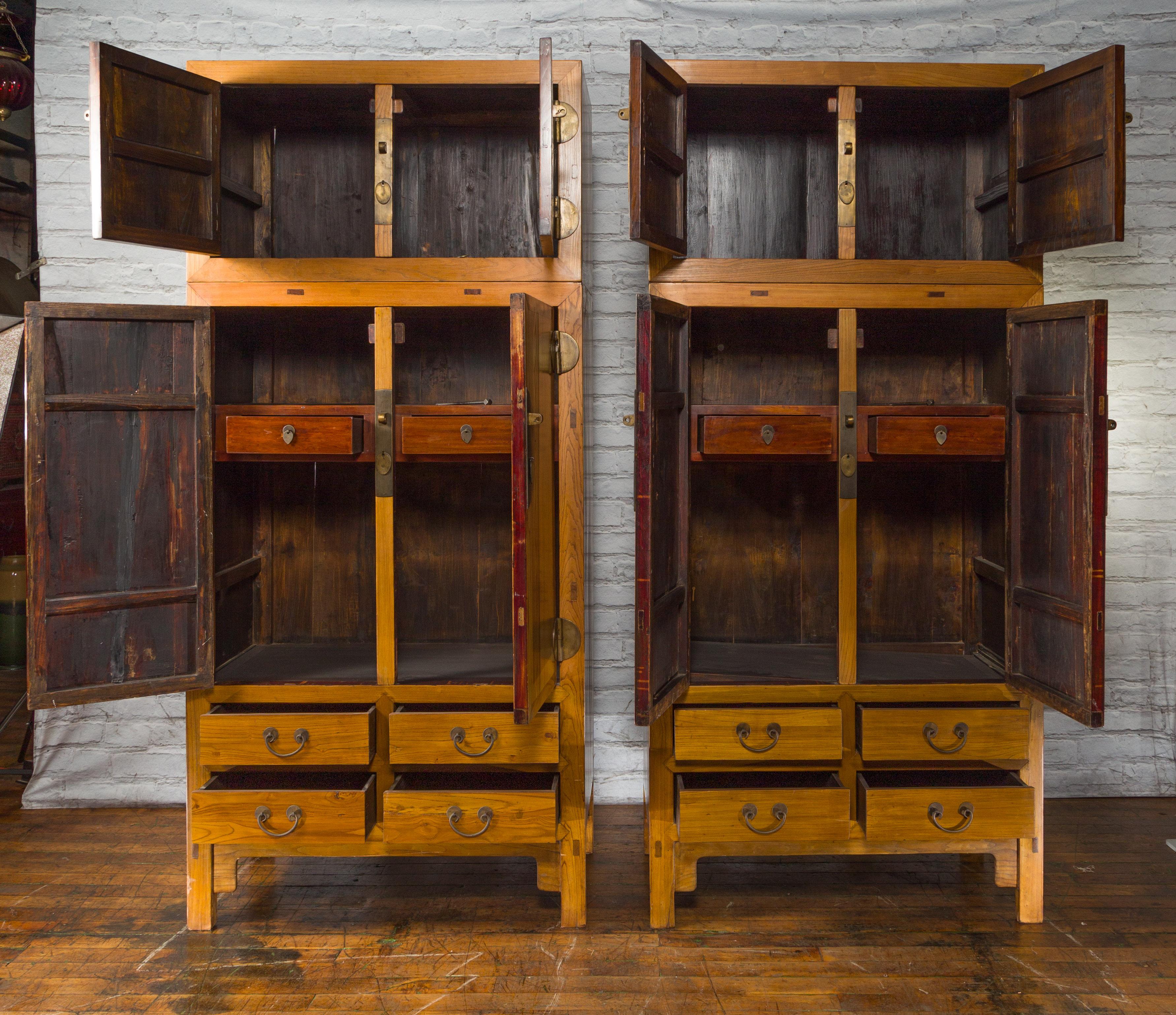 Chinese Pair of Qing Dynasty Period Elm Compound Cabinets with Doors and Drawers