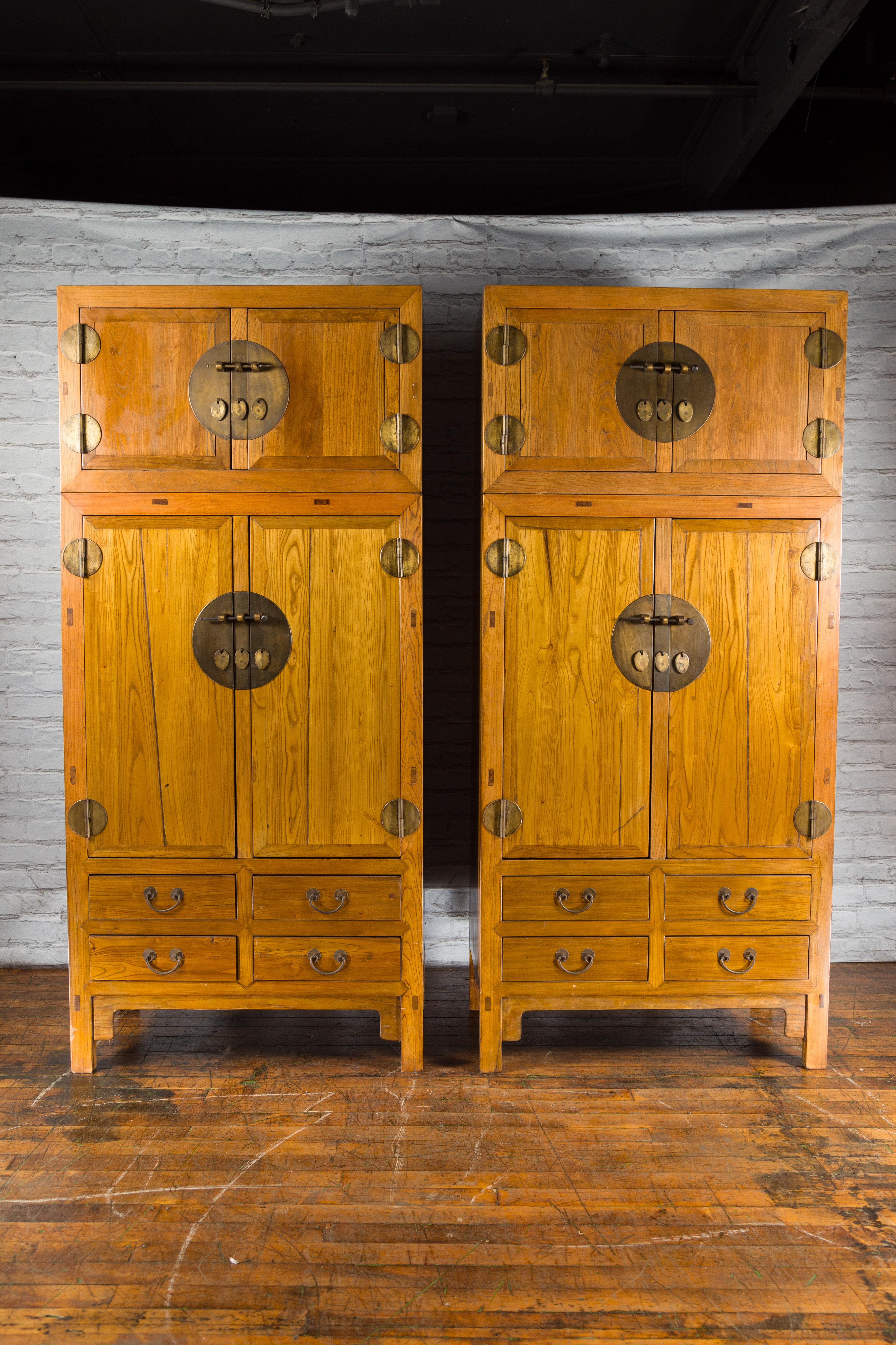 19th Century Pair of Chinese Qing Dynasty Period Elm Compound Cabinets with Doors and Drawers For Sale