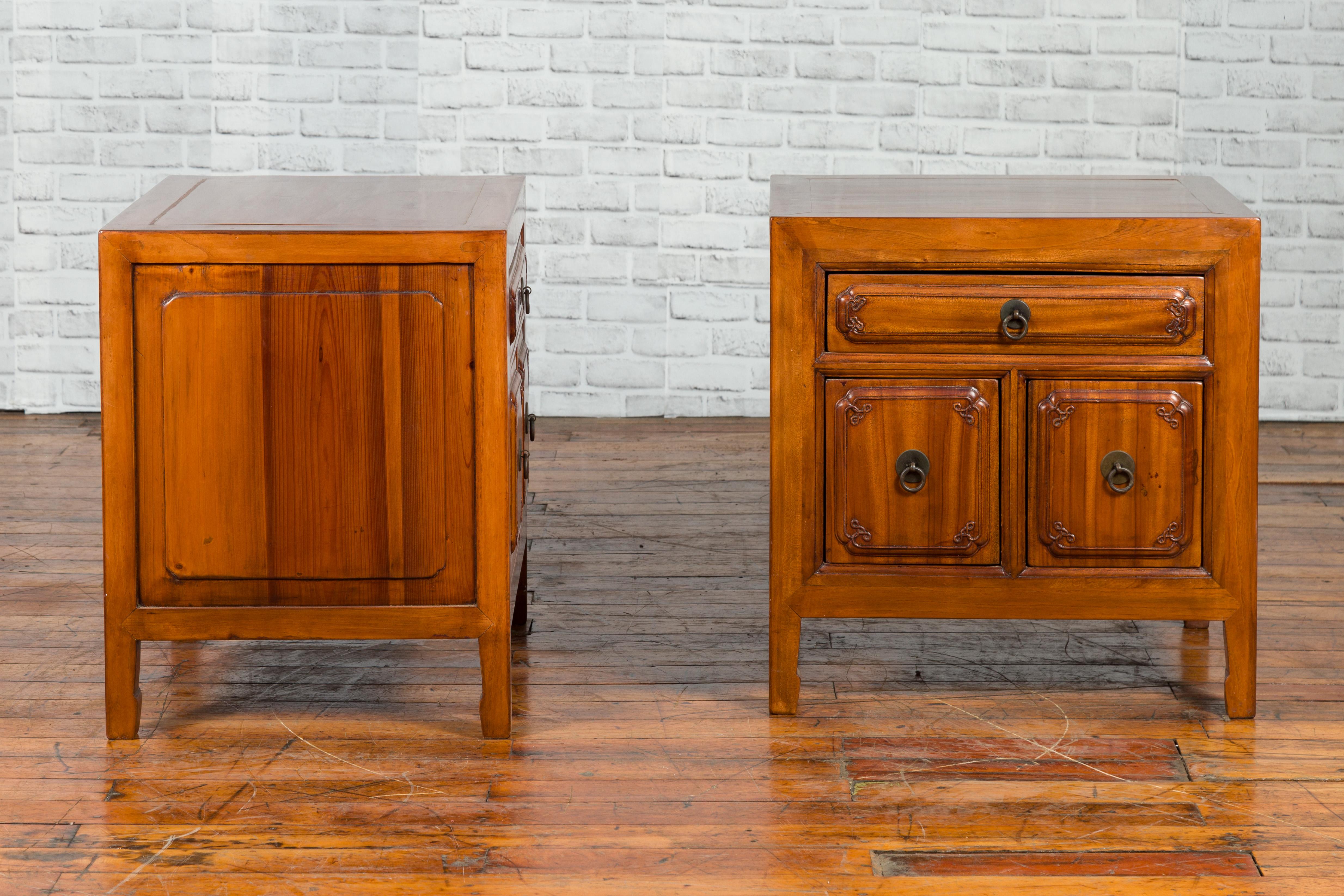 Pair of Chinese Qing Dynasty Period Natural Elm Low Cabinets with Three Drawers 5