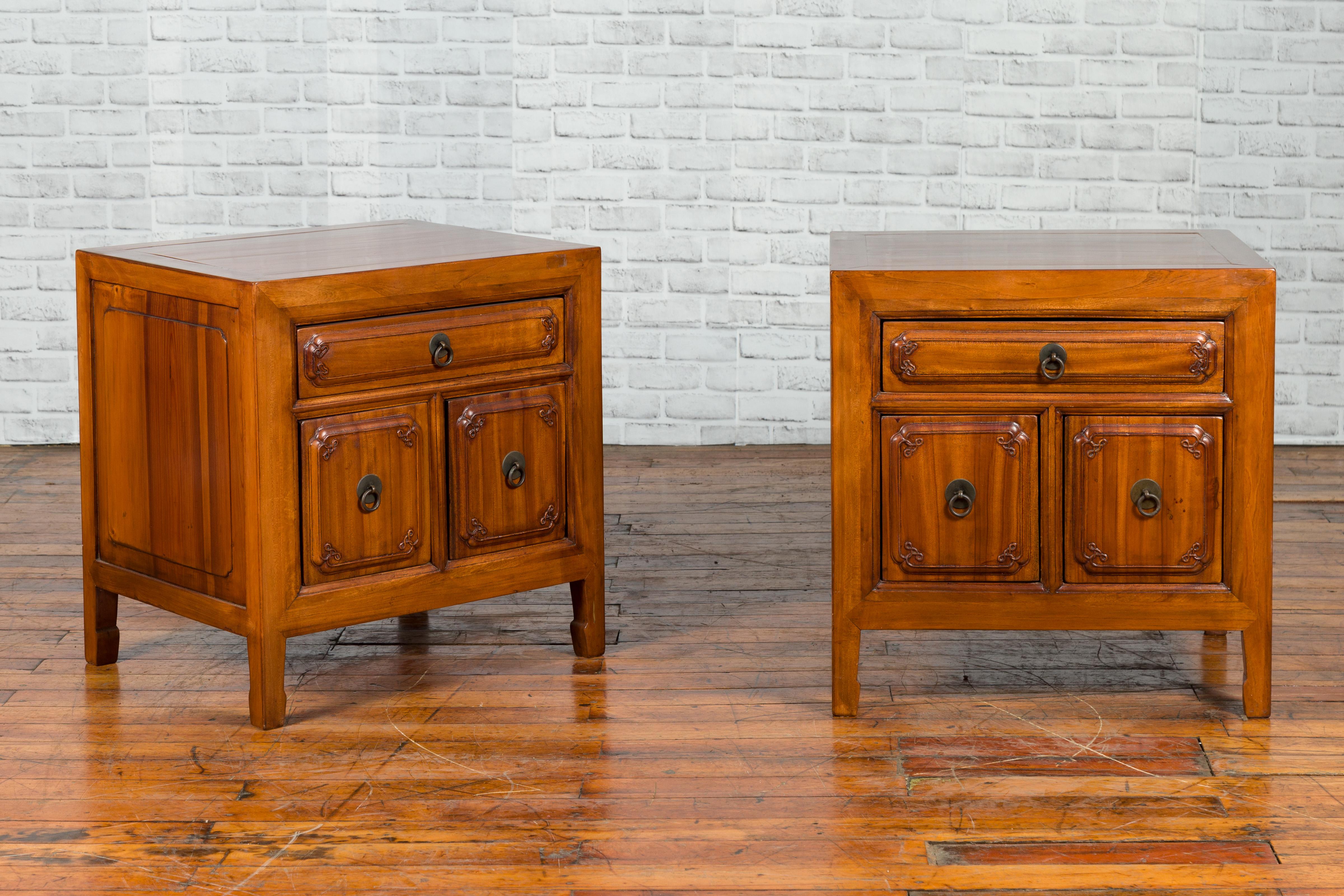 Carved Pair of Chinese Qing Dynasty Period Natural Elm Low Cabinets with Three Drawers