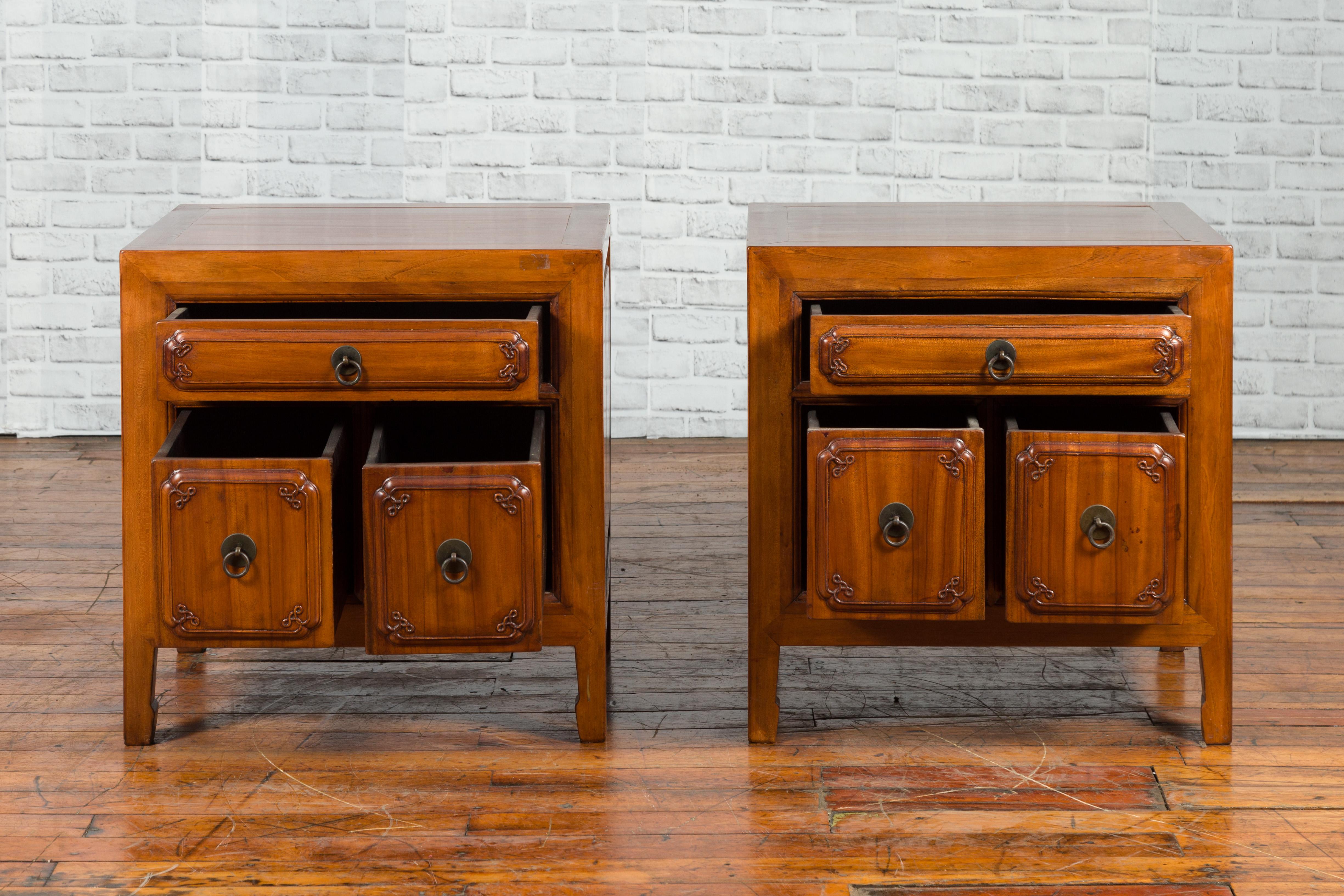 Pair of Chinese Qing Dynasty Period Natural Elm Low Cabinets with Three Drawers In Good Condition In Yonkers, NY