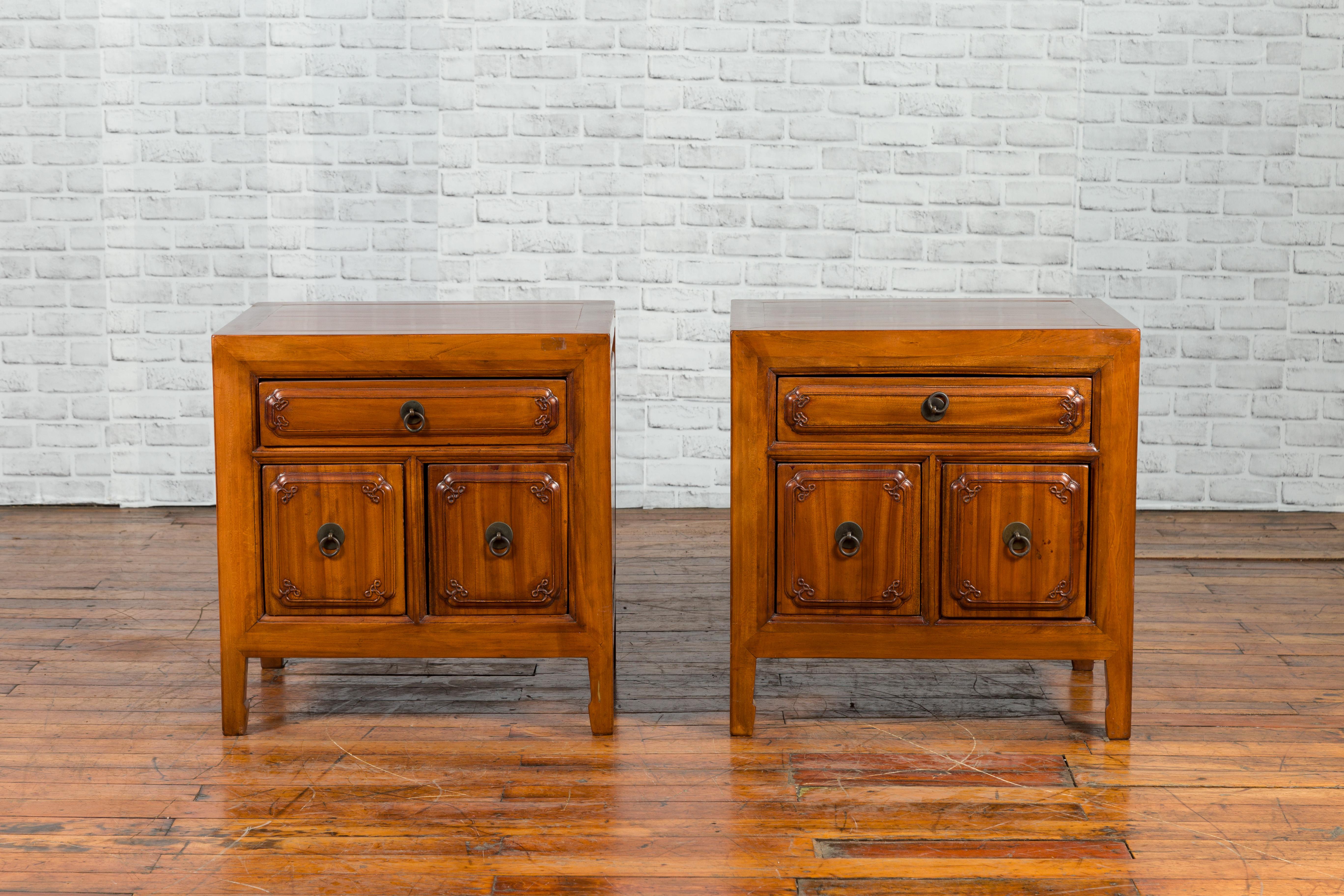 19th Century Pair of Chinese Qing Dynasty Period Natural Elm Low Cabinets with Three Drawers