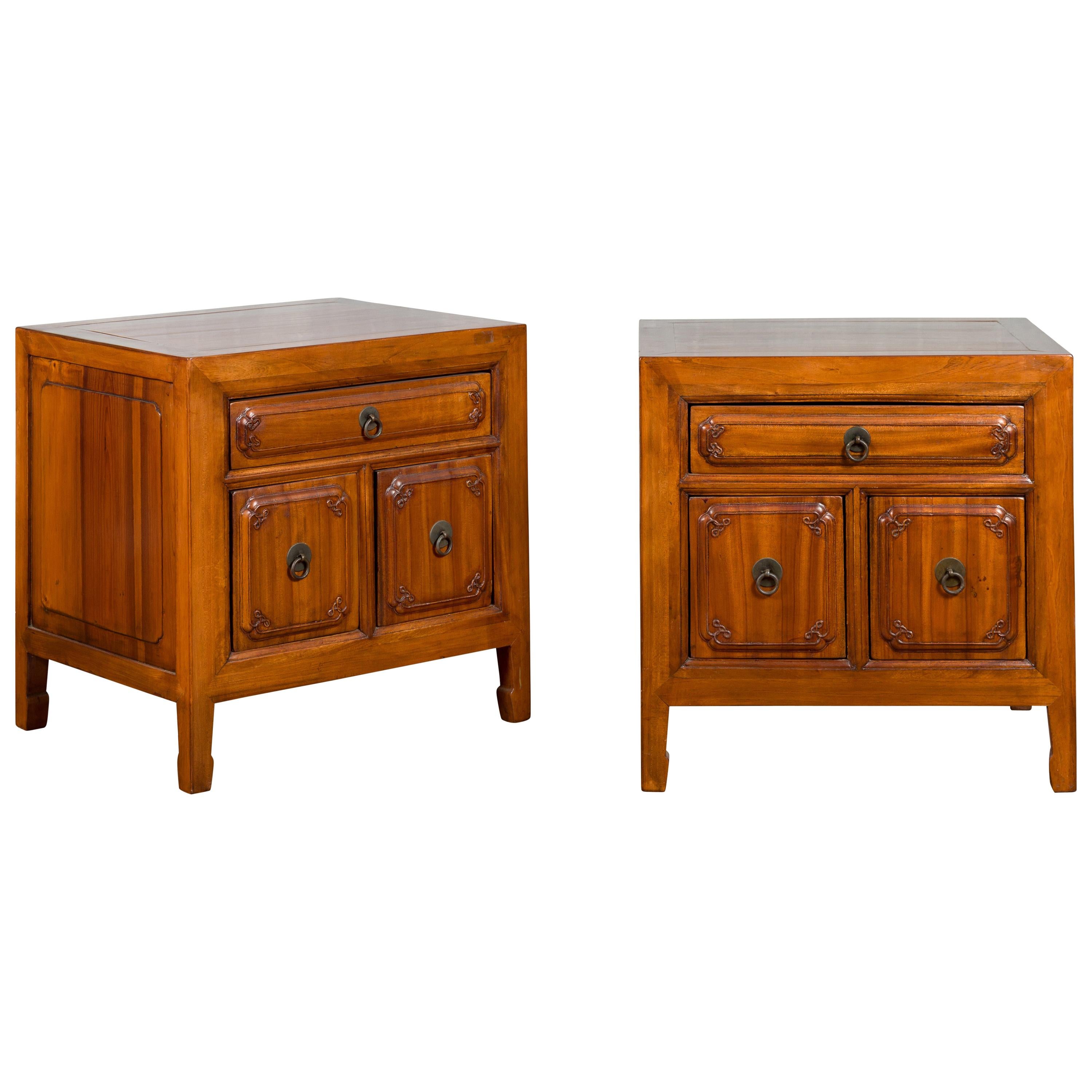 Pair of Chinese Qing Dynasty Period Natural Elm Low Cabinets with Three Drawers