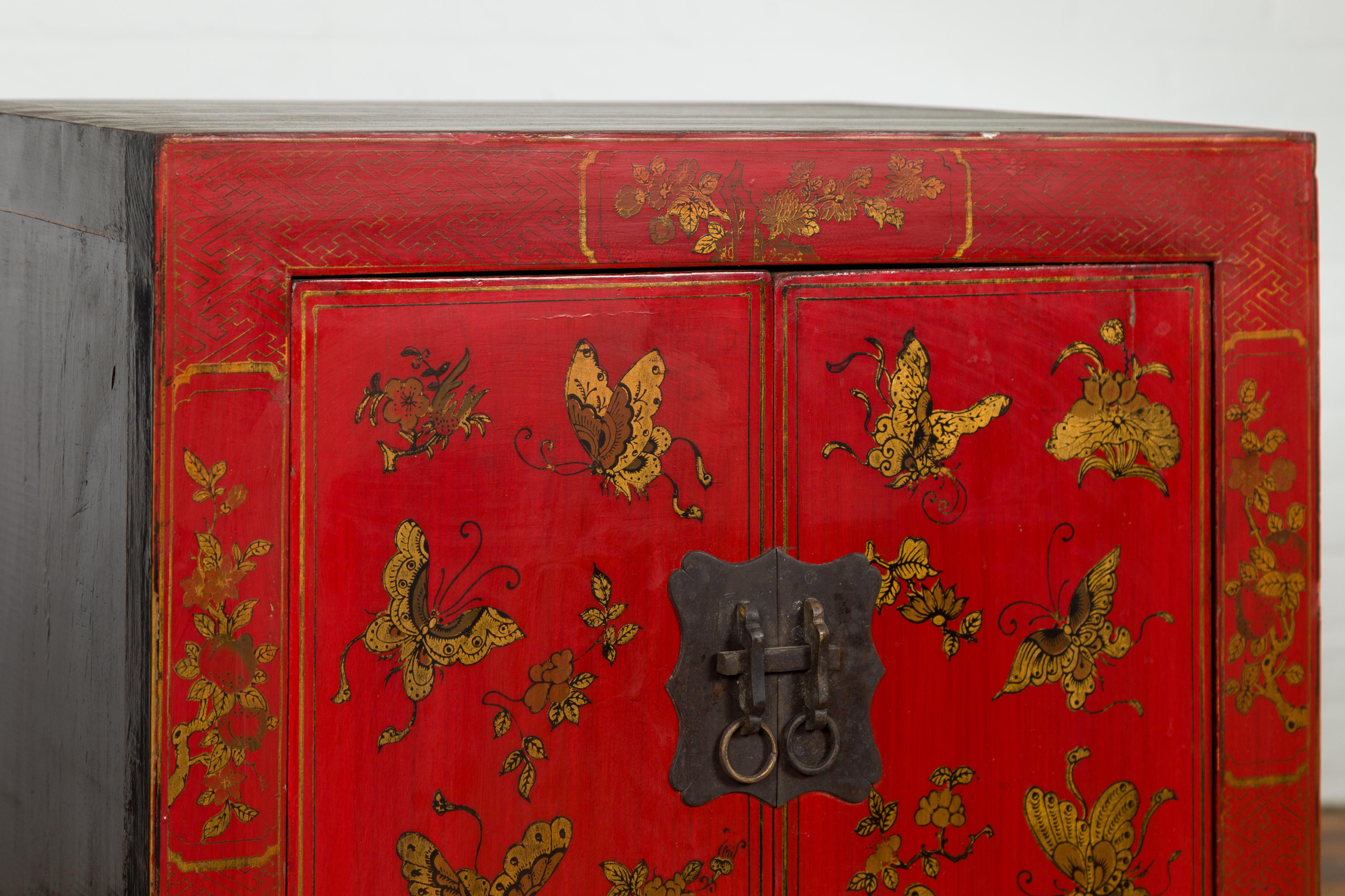 Pair of Chinese Qing Dynasty Red Lacquer Bedside Cabinets with Butterfly Décor 1